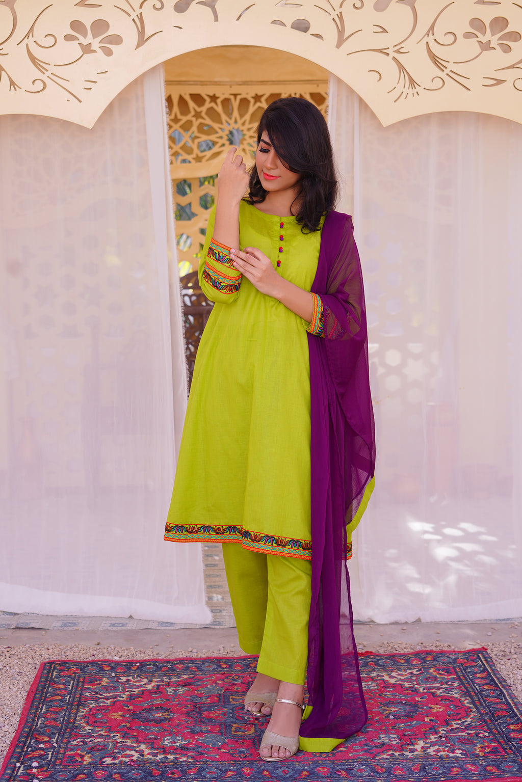 3 piece Dhani(Green) Embroidered Cotton Airline Frock Suit with Purple Chiffon Dupatta & Laces.(Stitch).