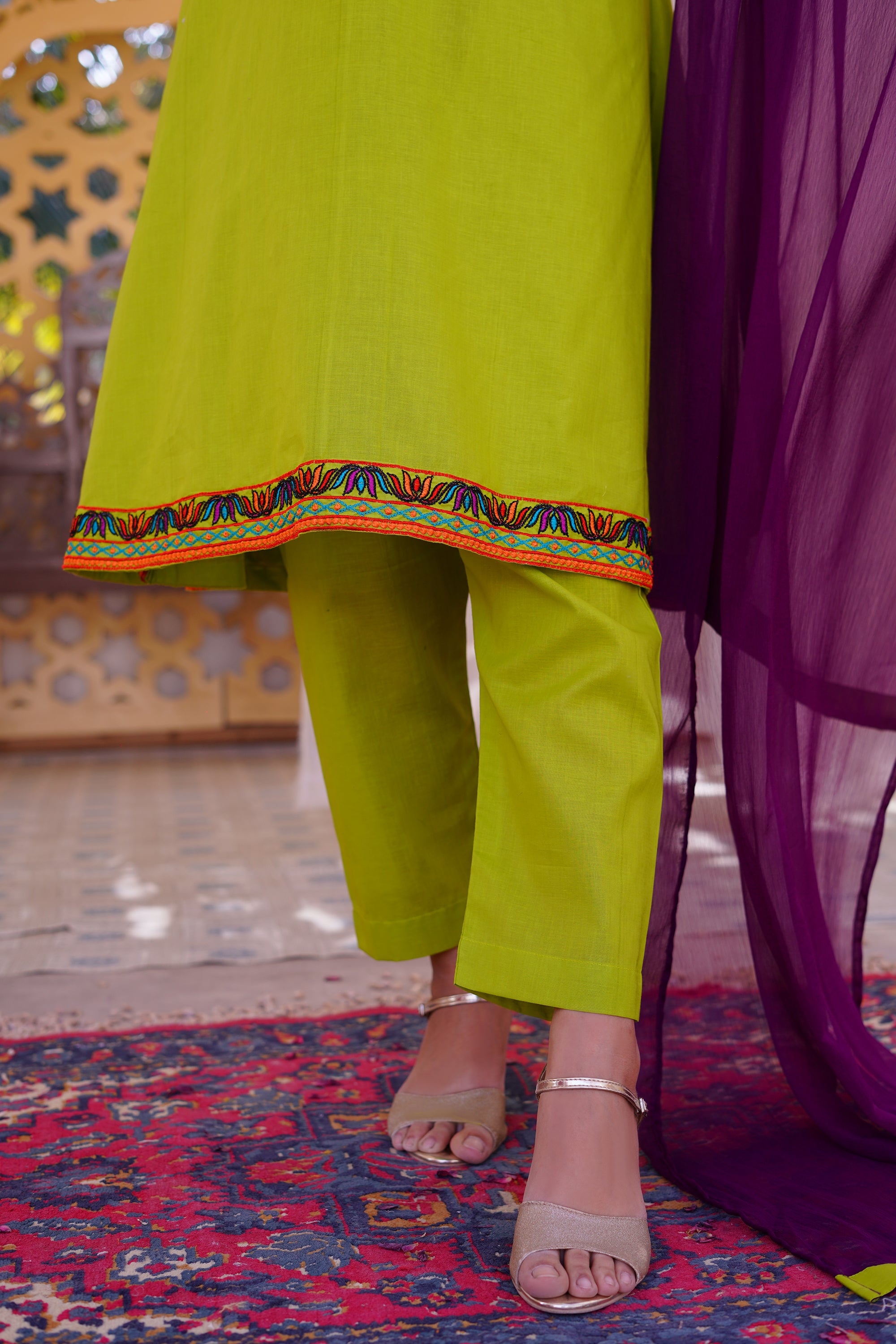 3 piece Dhani(Green) Embroidered Cotton Airline Frock Suit with Purple Chiffon Dupatta & Laces.(Stitch).