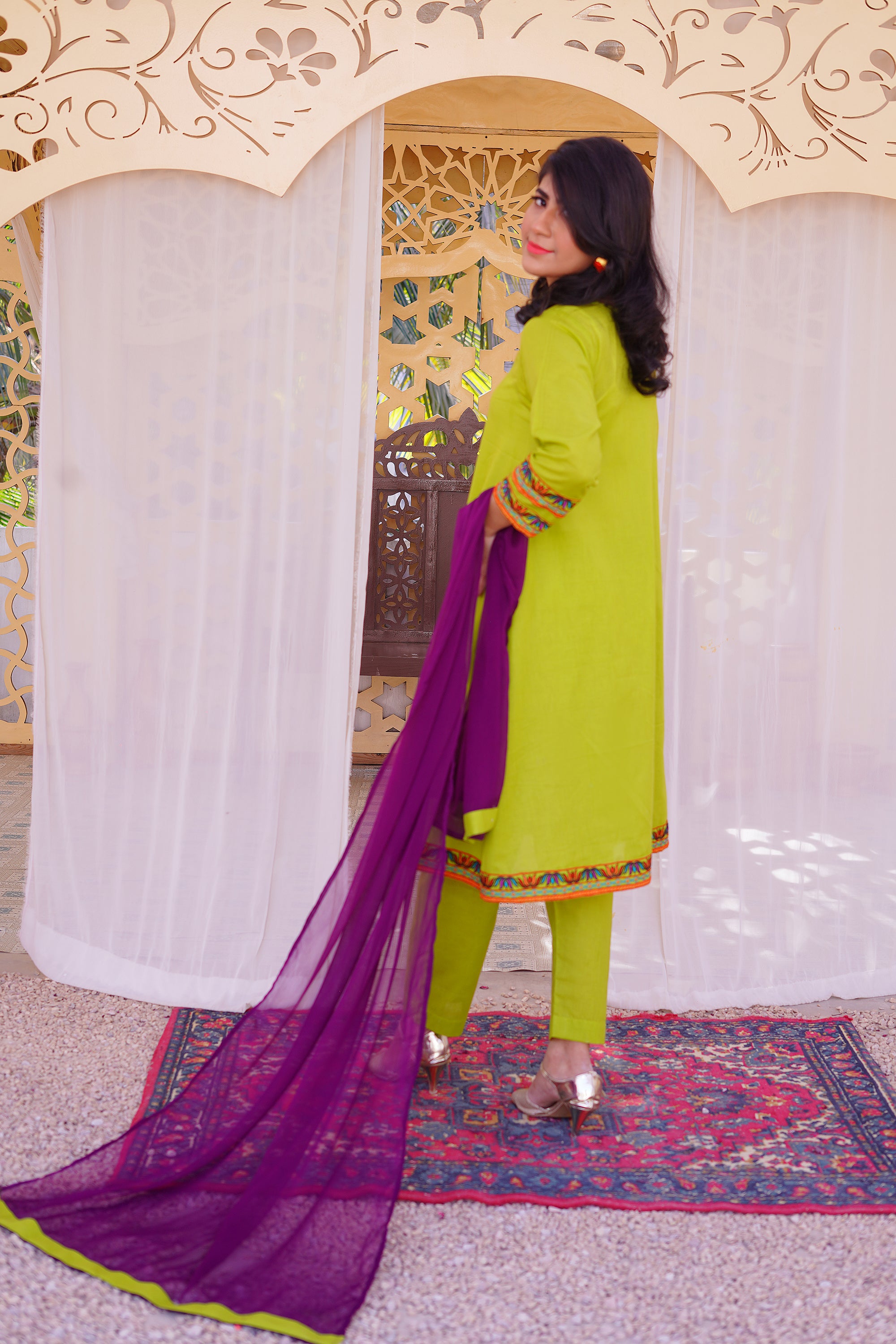 3 piece Dhani(Green) Embroidered Cotton Airline Frock Suit with Purple Chiffon Dupatta & Laces.(Stitch).