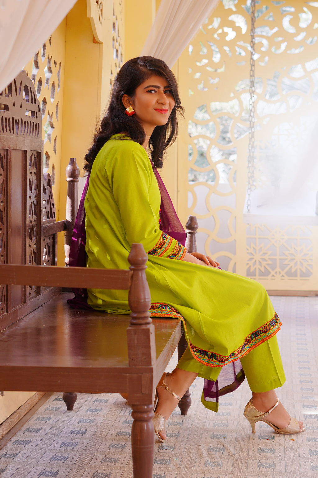 3 piece Dhani(Green) Embroidered Cotton Airline Frock Suit with Purple Chiffon Dupatta & Laces.(Stitch).