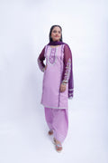 3 piece Light Purple Farshi Shalwar Kameez Suit with Beautiful Silver Sitara Embroidered Purple Chiffon Sleeves & Purple Chiffon Dupatta. (Stitch)