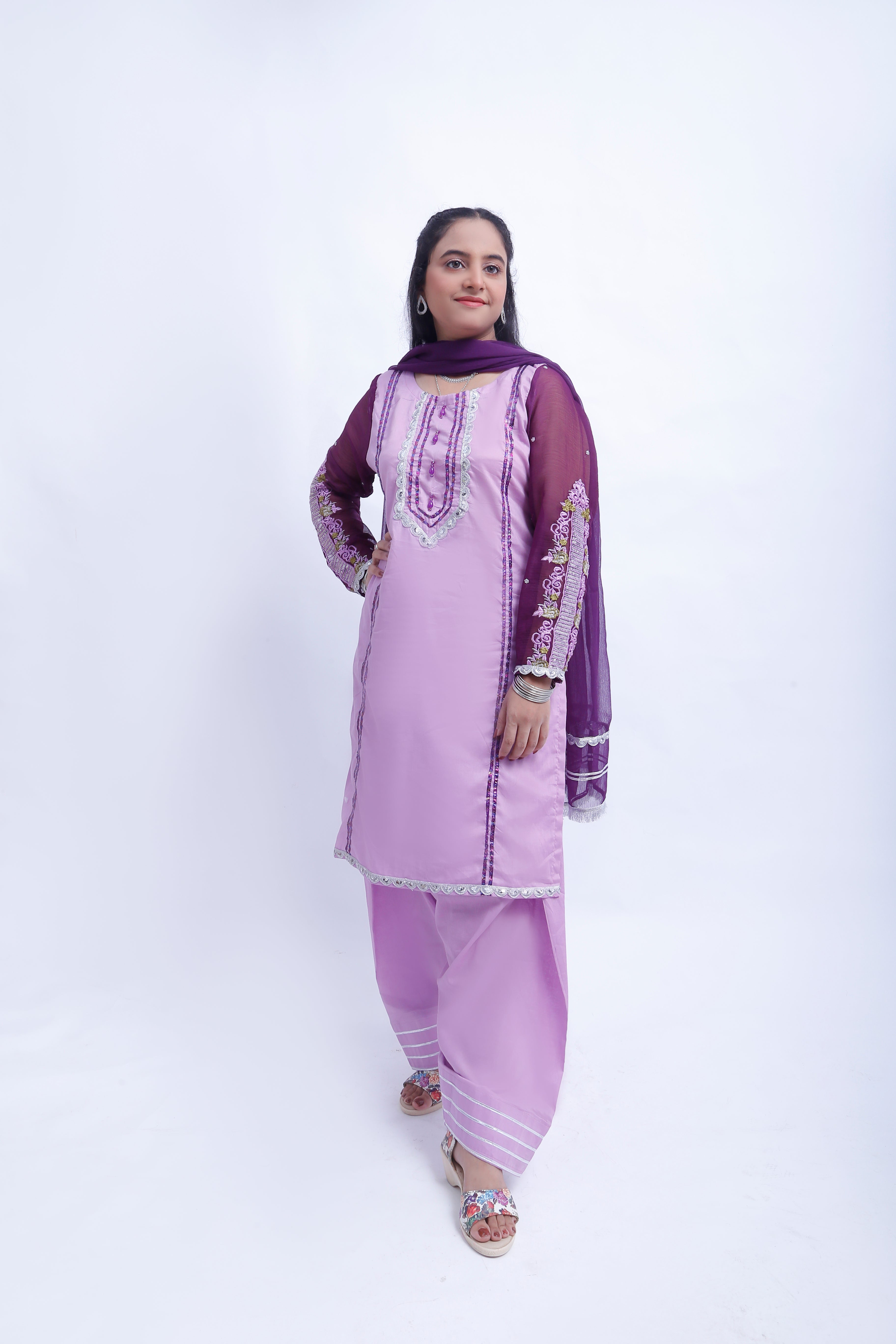 3 piece Light Purple Farshi Shalwar Kameez Suit with Beautiful Silver Sitara Embroidered Purple Chiffon Sleeves & Purple Chiffon Dupatta. (Stitch)