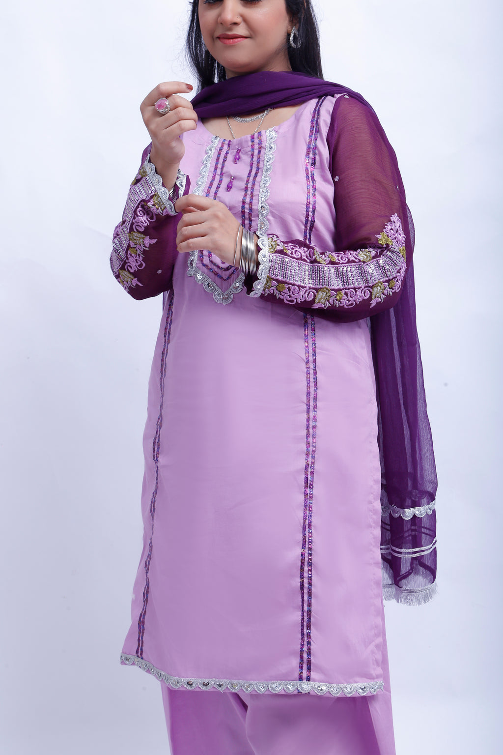 3 piece Light Purple Farshi Shalwar Kameez Suit with Beautiful Silver Sitara Embroidered Purple Chiffon Sleeves & Purple Chiffon Dupatta. (Stitch)