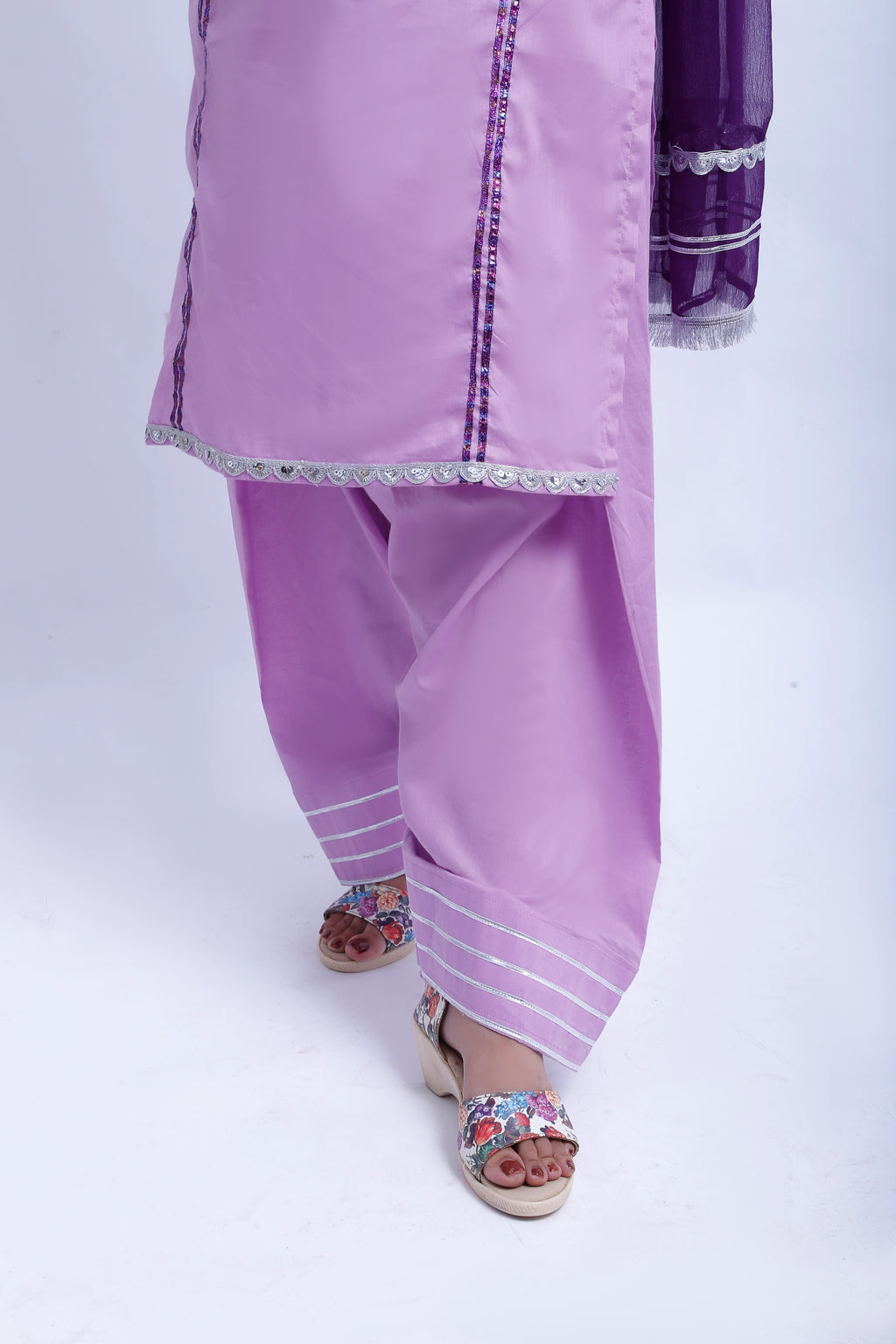 3 piece Light Purple Farshi Shalwar Kameez Suit with Beautiful Silver Sitara Embroidered Purple Chiffon Sleeves & Purple Chiffon Dupatta. (Stitch)