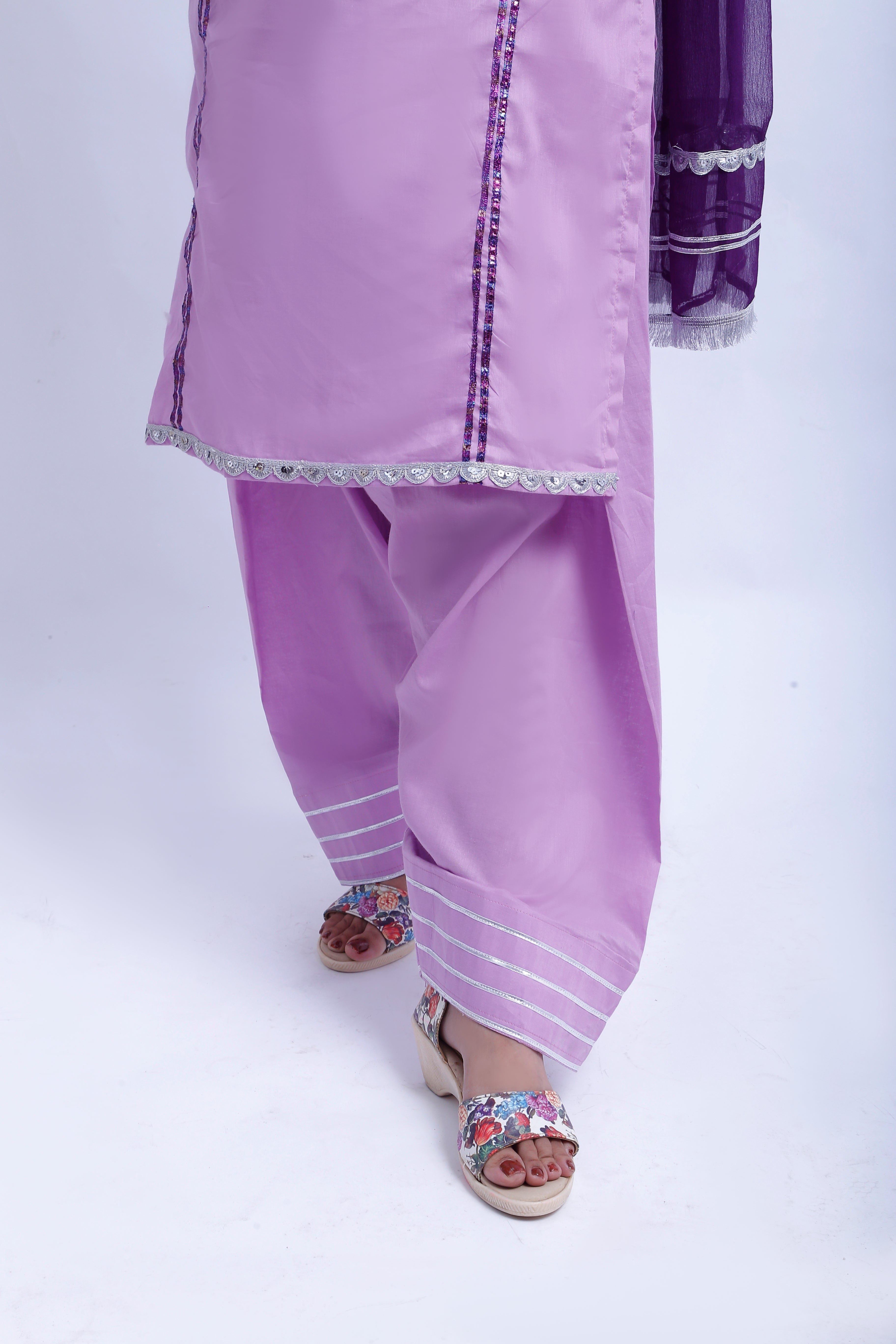 3 piece Light Purple Farshi Shalwar Kameez Suit with Beautiful Silver Sitara Embroidered Purple Chiffon Sleeves & Purple Chiffon Dupatta. (Stitch)