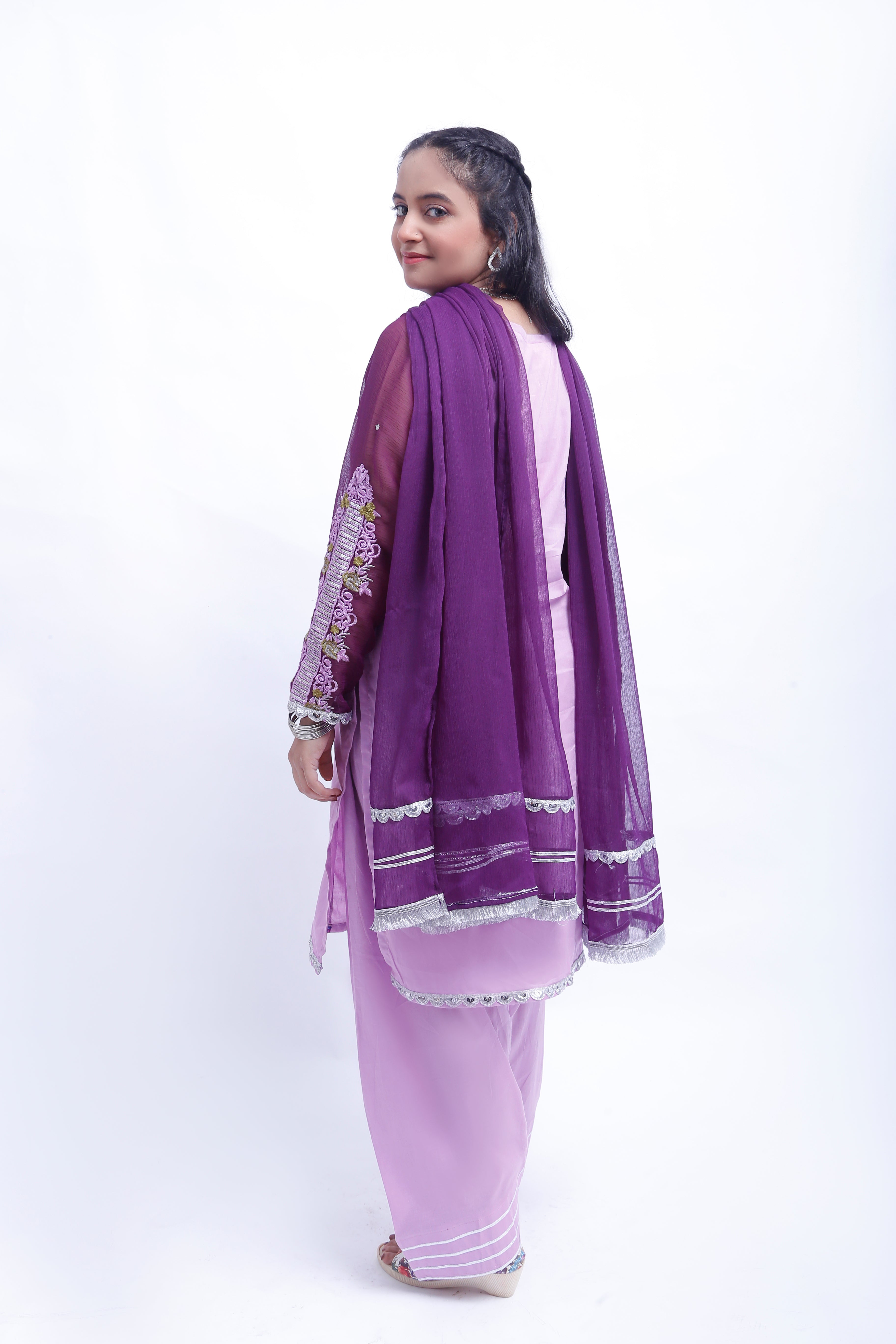 3 piece Light Purple Farshi Shalwar Kameez Suit with Beautiful Silver Sitara Embroidered Purple Chiffon Sleeves & Purple Chiffon Dupatta. (Stitch)