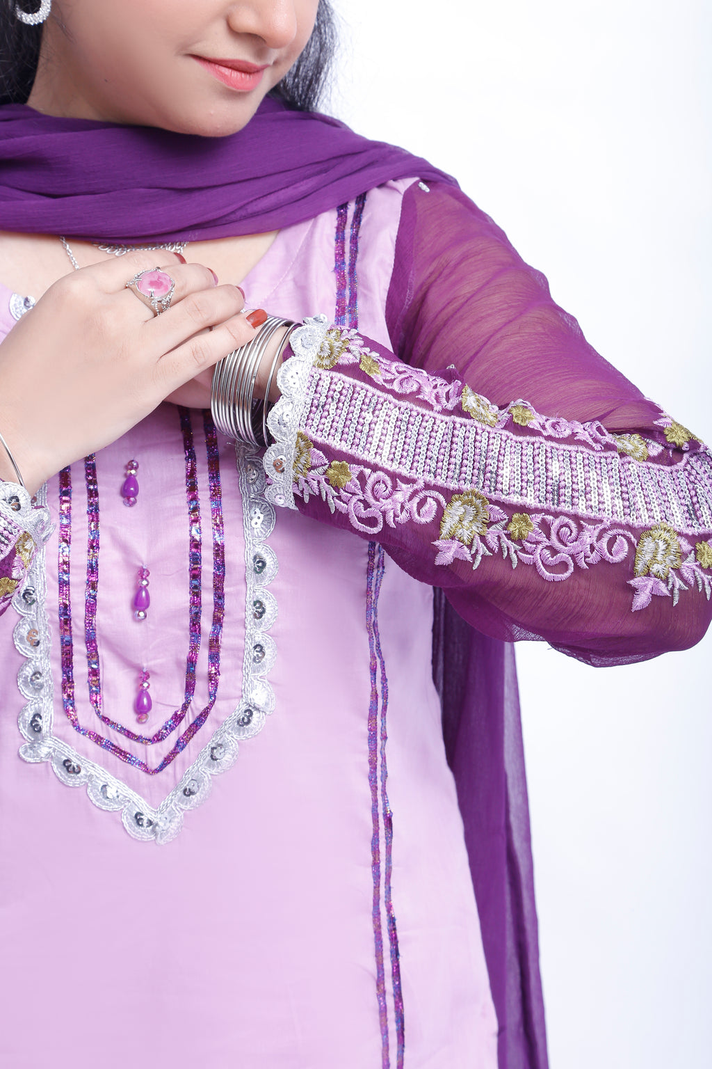 3 piece Light Purple Farshi Shalwar Kameez Suit with Beautiful Silver Sitara Embroidered Purple Chiffon Sleeves & Purple Chiffon Dupatta. (Stitch)