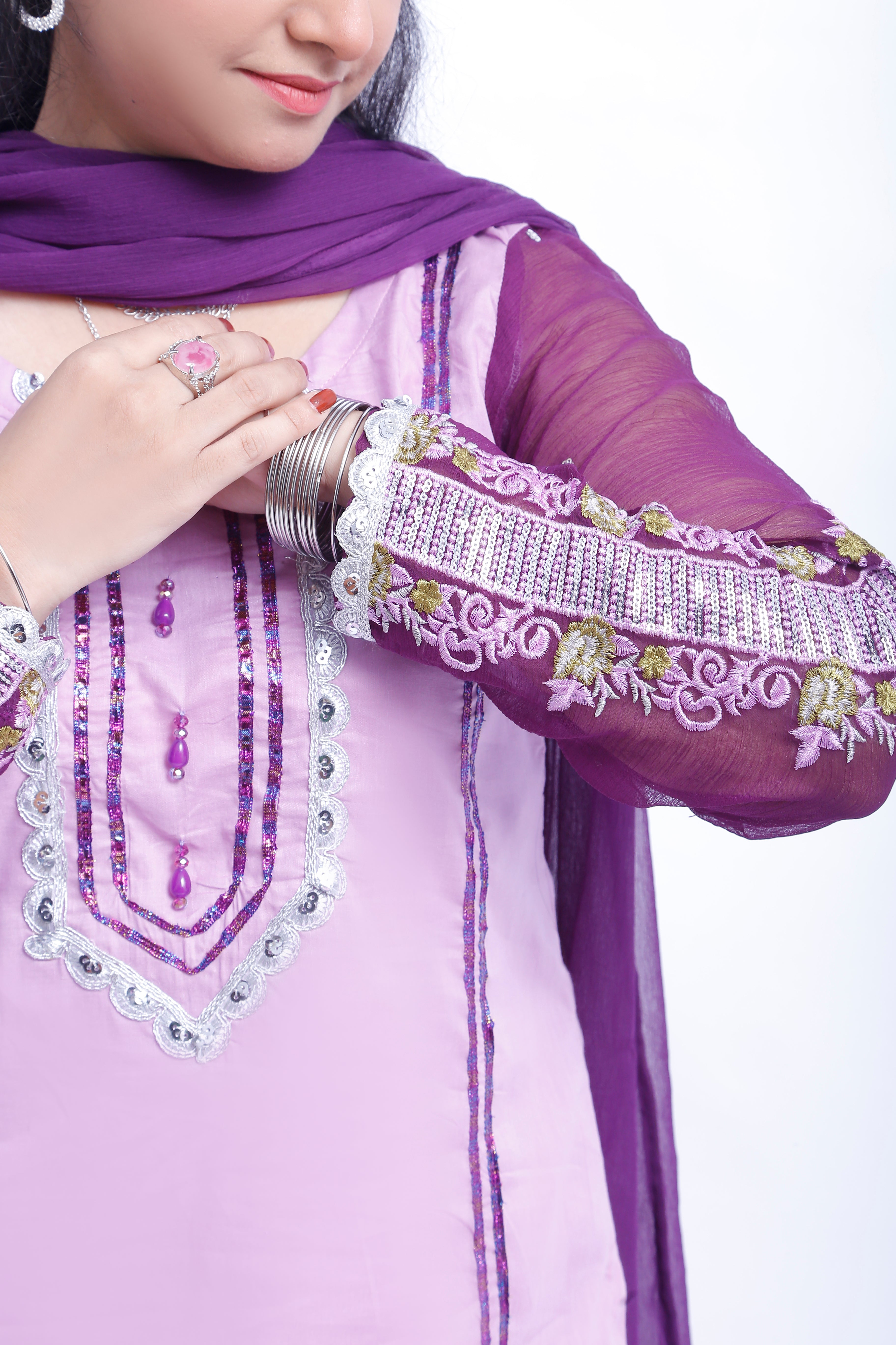 3 piece Light Purple Farshi Shalwar Kameez Suit with Beautiful Silver Sitara Embroidered Purple Chiffon Sleeves & Purple Chiffon Dupatta. (Stitch)