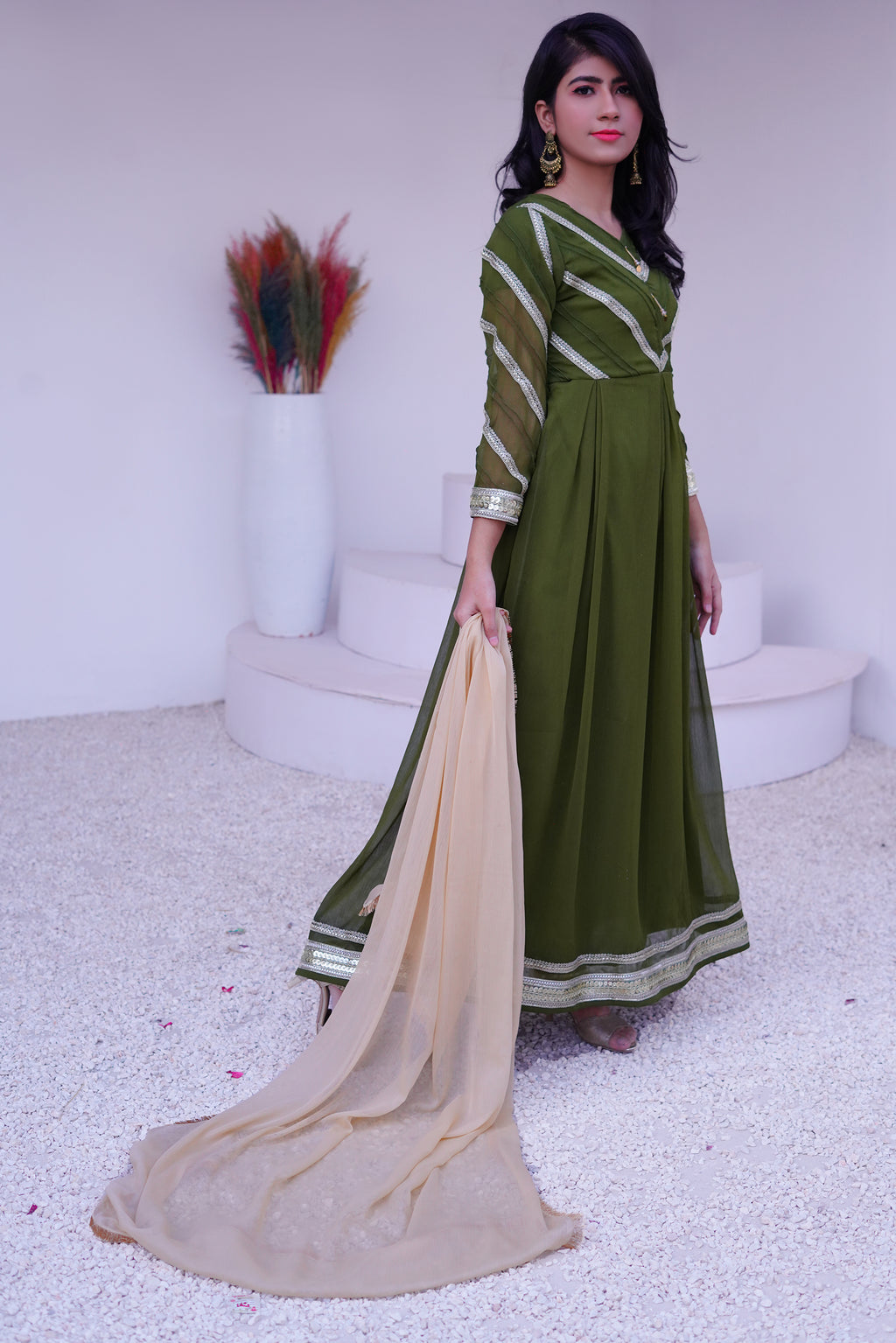 3 piece Mehdi Green Chiffon MAXI with Golden Chiffon Dupatta & Laces with Tussles.(Stitch)
