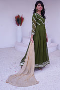 3 piece Mehdi Green Chiffon MAXI with Golden Chiffon Dupatta & Laces with Tussles.(Stitch)