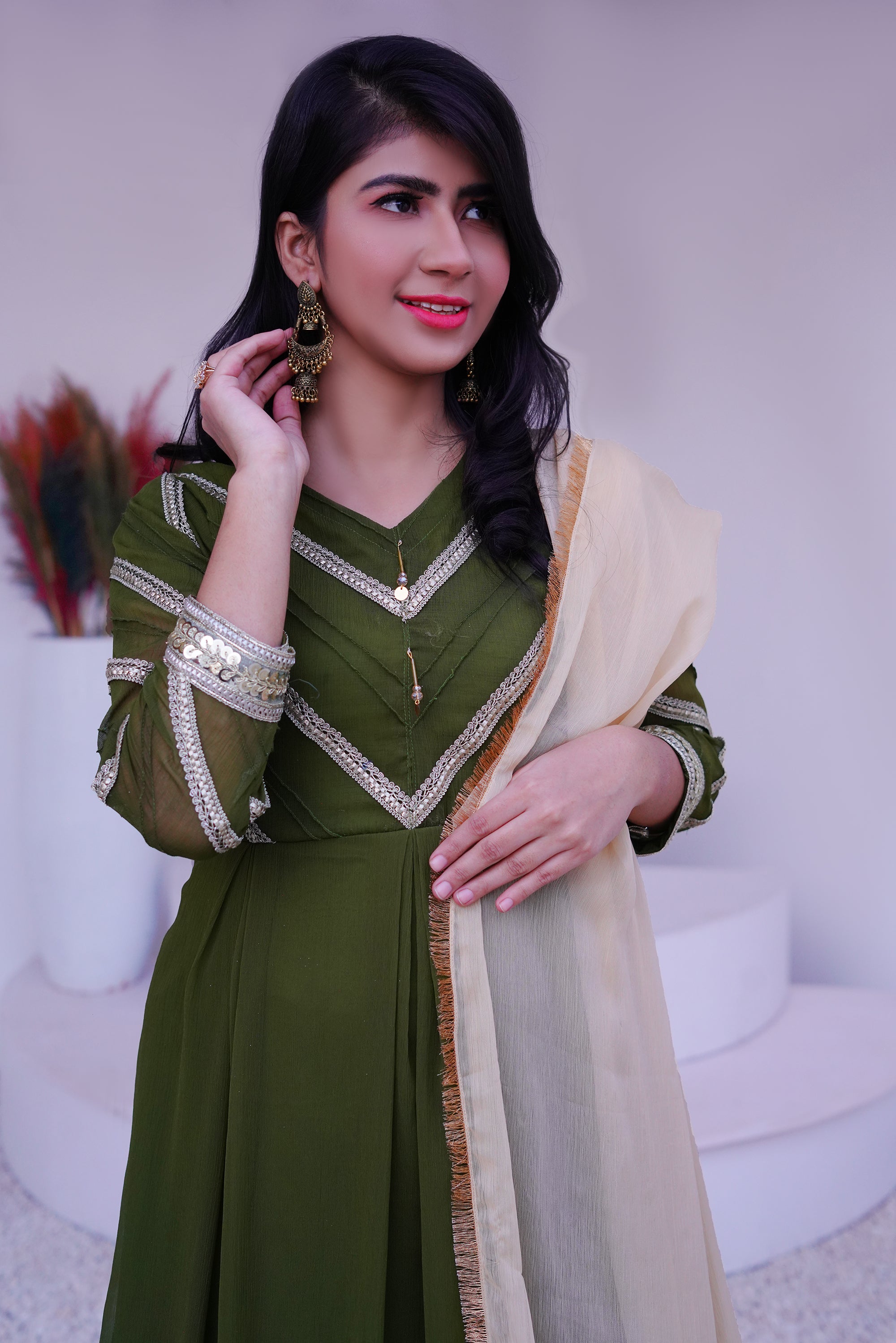 3 piece Mehdi Green Chiffon MAXI with Golden Chiffon Dupatta & Laces with Tussles.(Stitch)