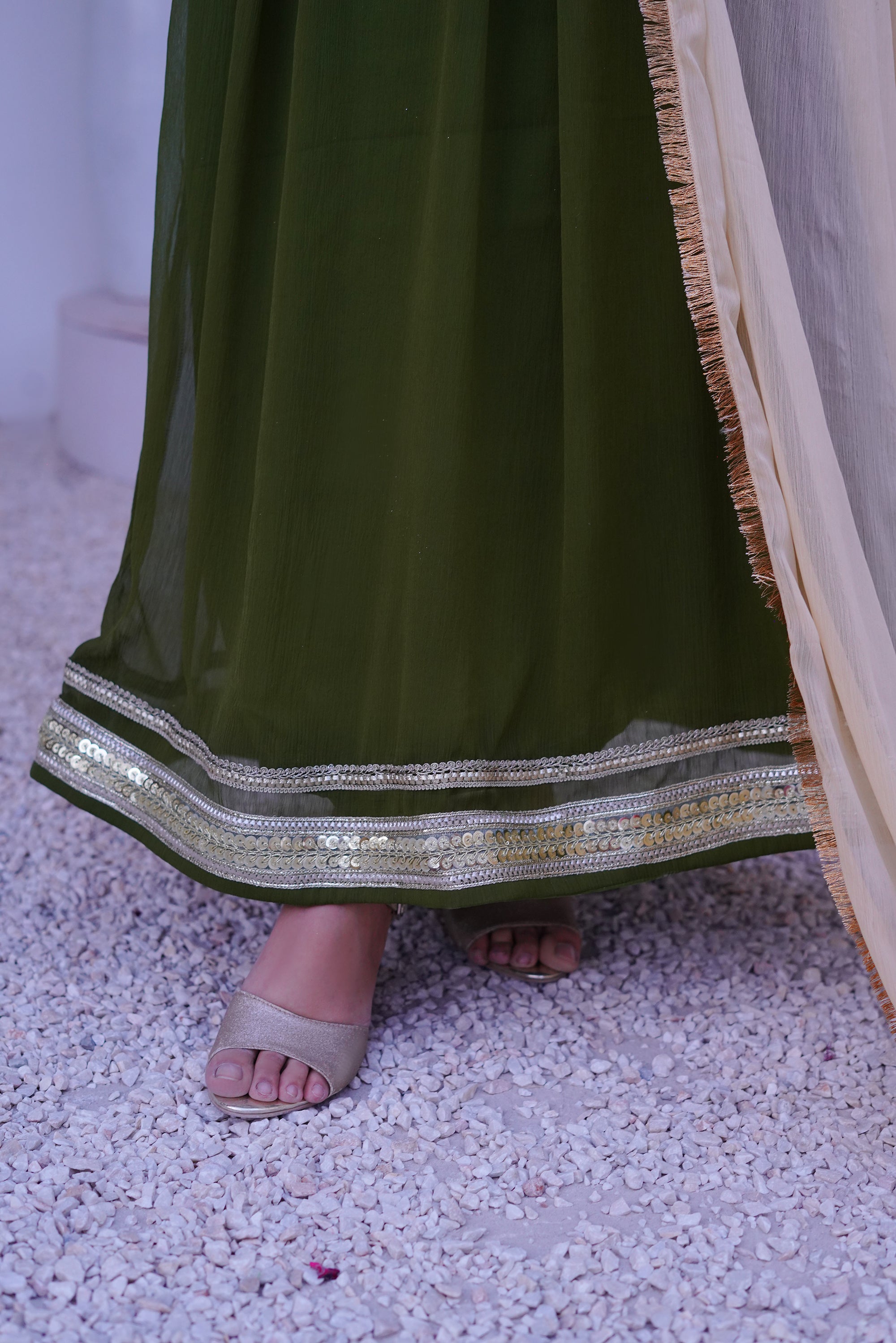 3 piece Mehdi Green Chiffon MAXI with Golden Chiffon Dupatta & Laces with Tussles.(Stitch)