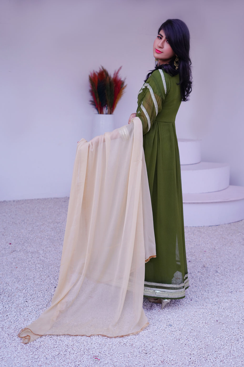 3 piece Mehdi Green Chiffon MAXI with Golden Chiffon Dupatta & Laces with Tussles.(Stitch)