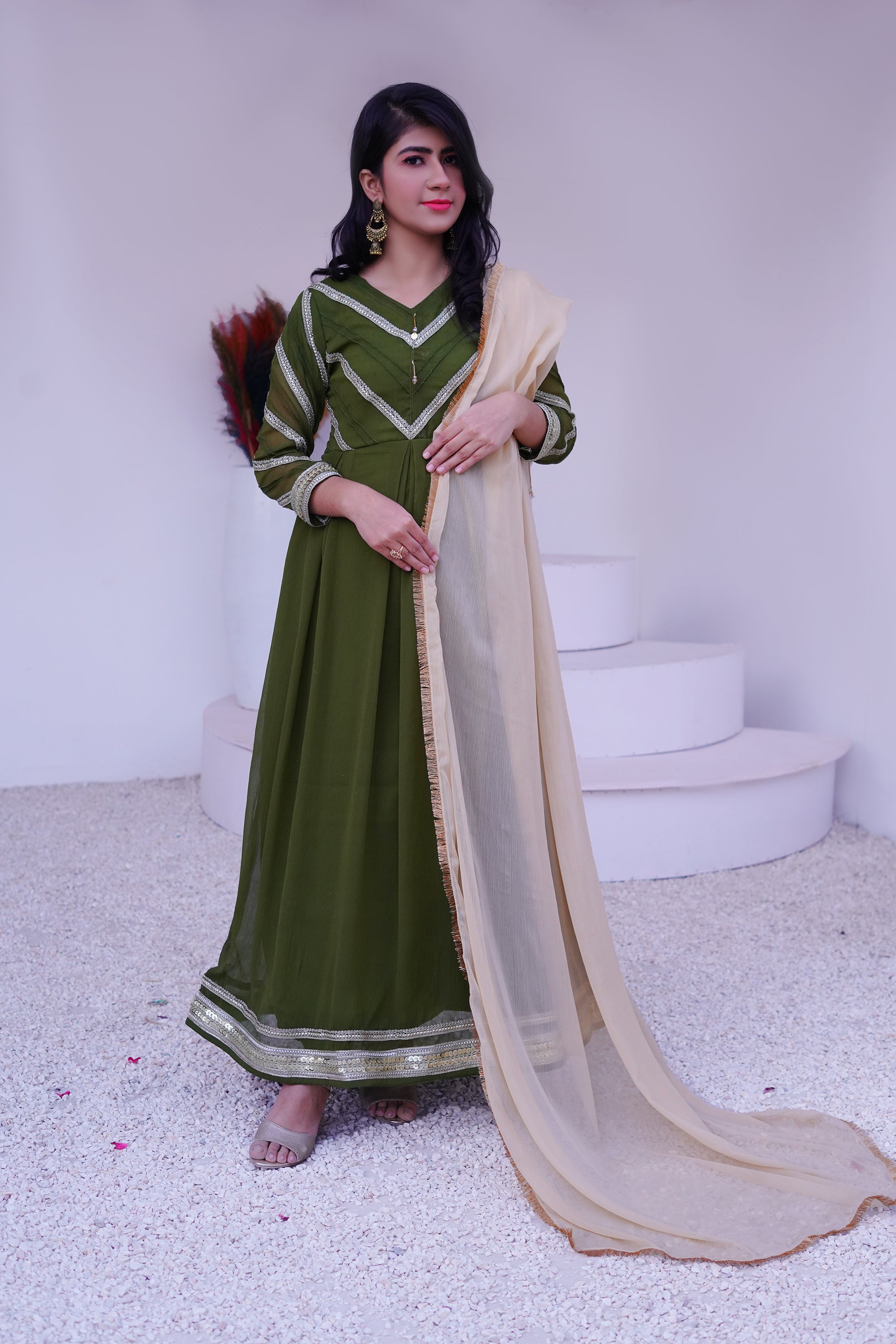 3 piece Mehdi Green Chiffon MAXI with Golden Chiffon Dupatta & Laces with Tussles.(Stitch)