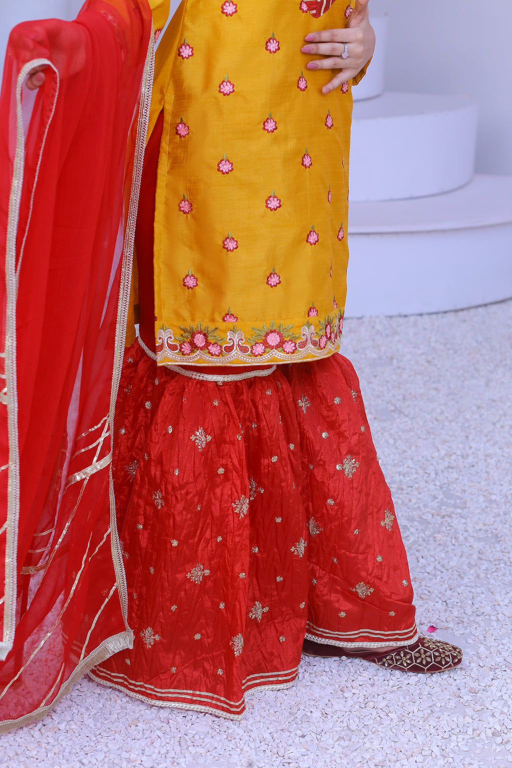 3 piece Mustered Embroidery Raw Silk Gharara Suit with Reddish Maroon Crush Embroidery Gharara & Reddish Maroon Chiffon Dupatta & Laces.(Stitch)