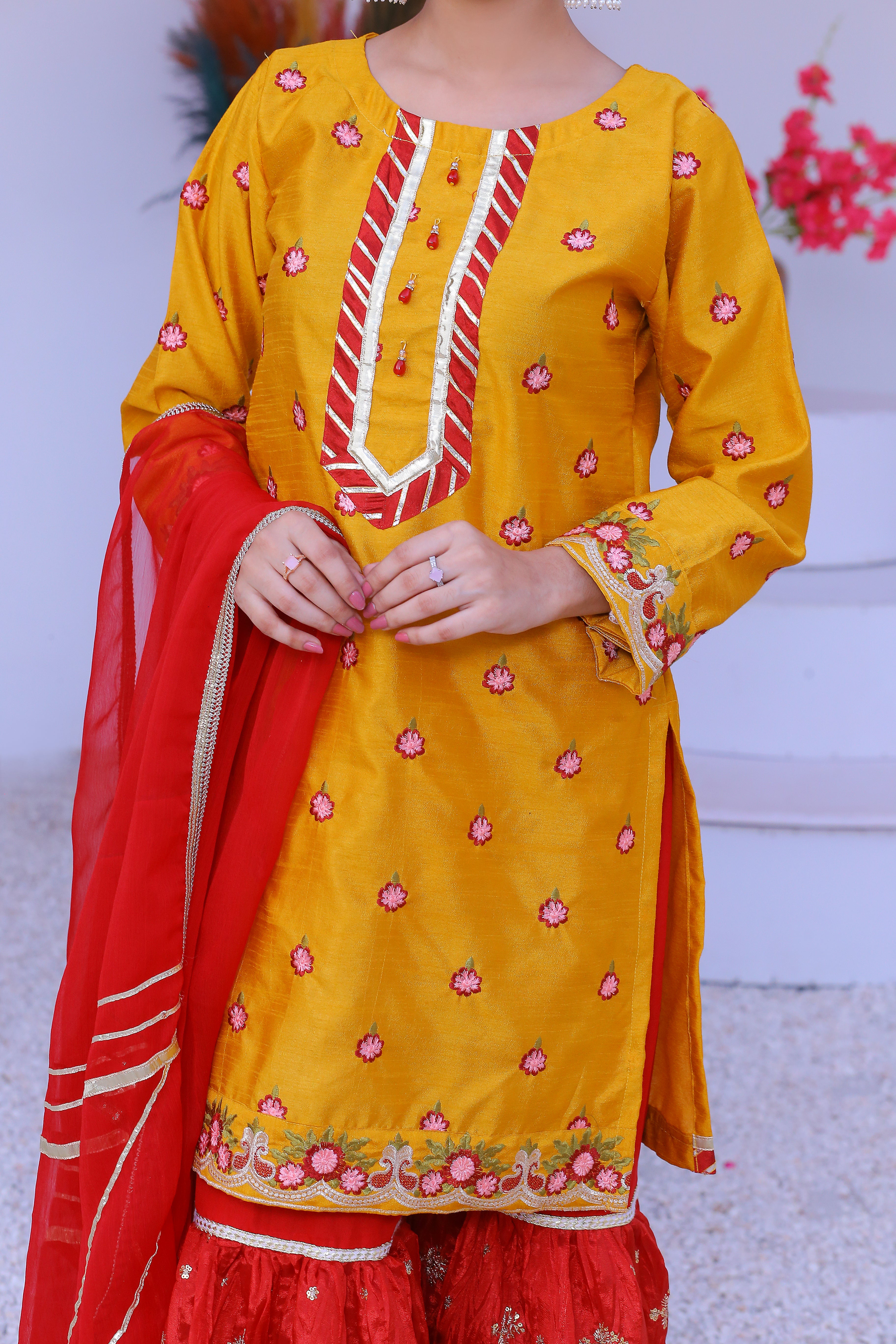 3 piece Mustered Embroidery Raw Silk Gharara Suit with Reddish Maroon Crush Embroidery Gharara & Reddish Maroon Chiffon Dupatta & Laces.(Stitch)