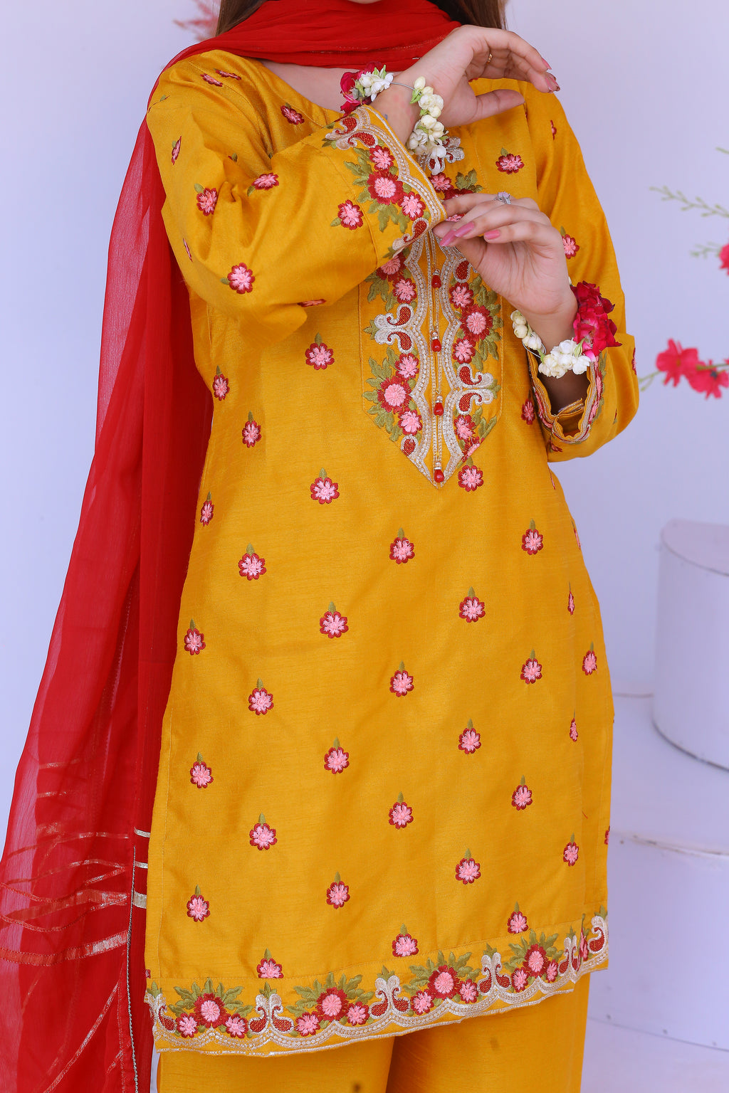 3 piece Mustered Raw Silk Embroidered Plazo Suit with Reddish Maroon Chiffon Dupatta & Golden Laces.(Stitch)