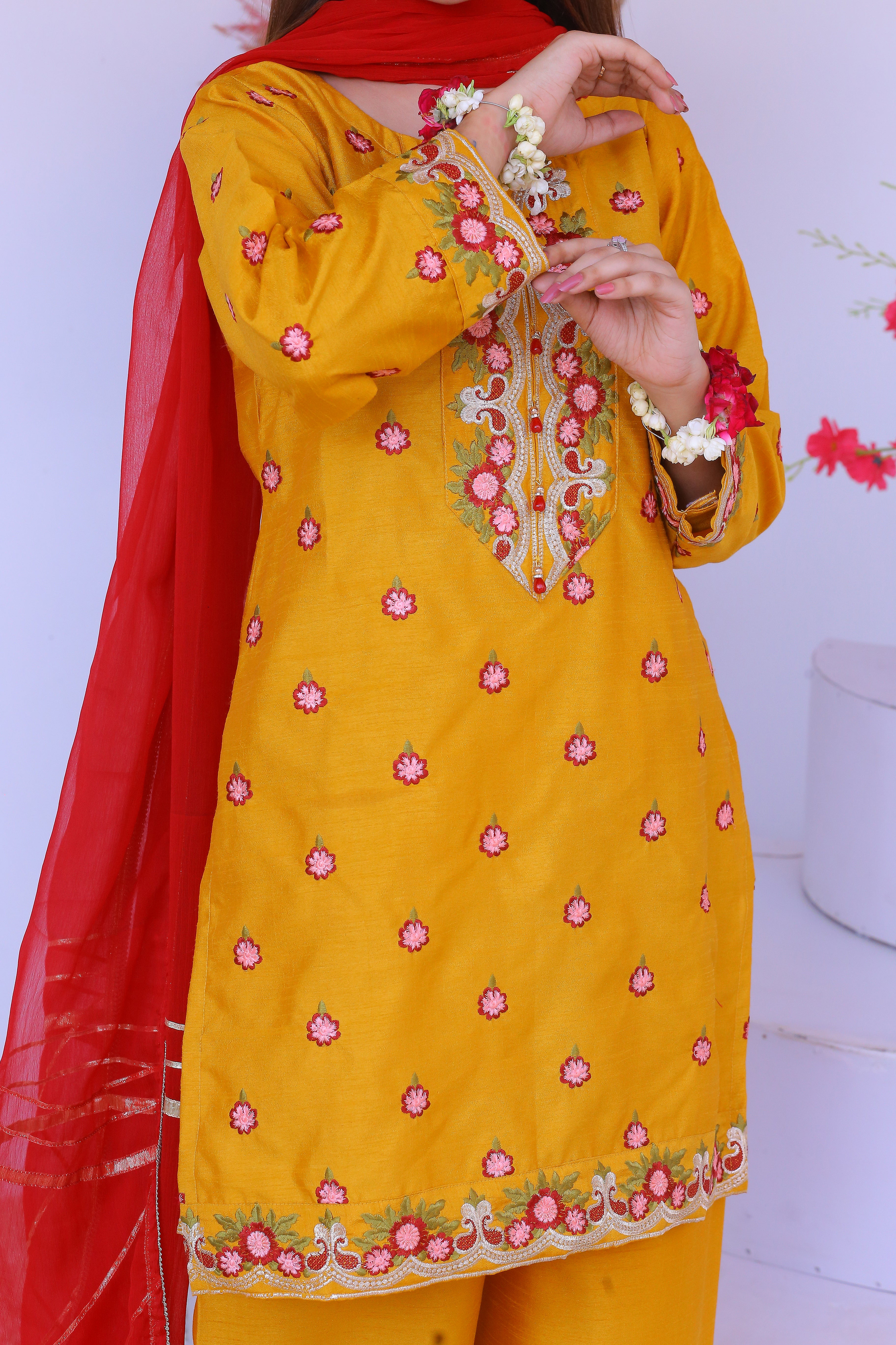 3 piece Mustered Raw Silk Embroidered Plazo Suit with Reddish Maroon Chiffon Dupatta & Golden Laces.(Stitch)