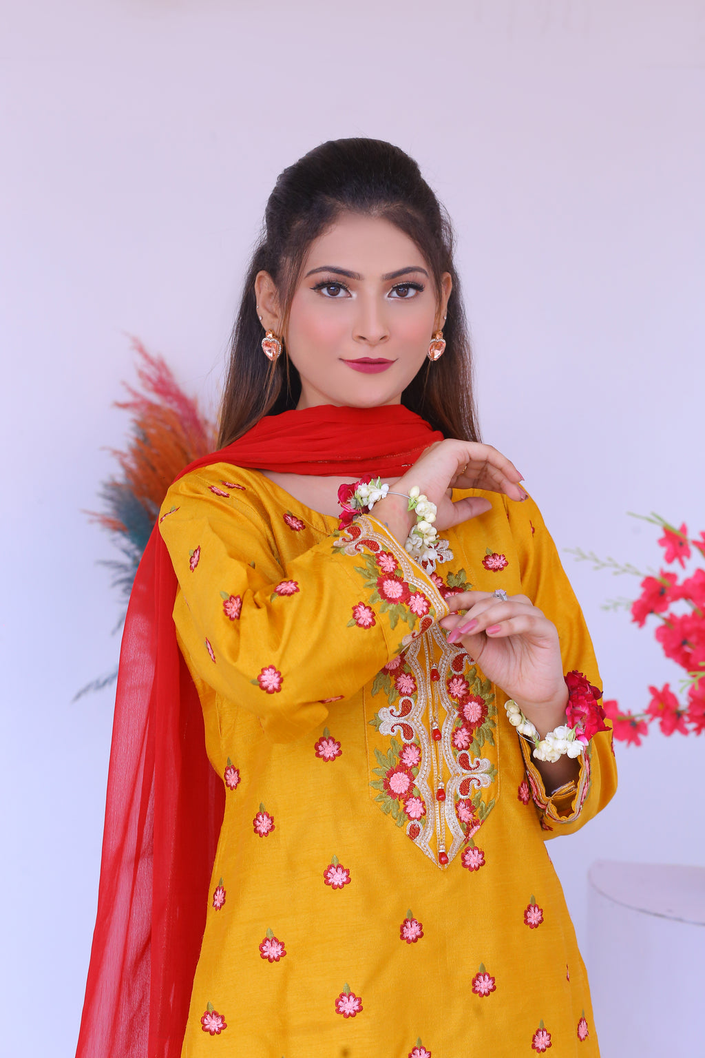 3 piece Mustered Raw Silk Embroidered Plazo Suit with Reddish Maroon Chiffon Dupatta & Golden Laces.(Stitch)