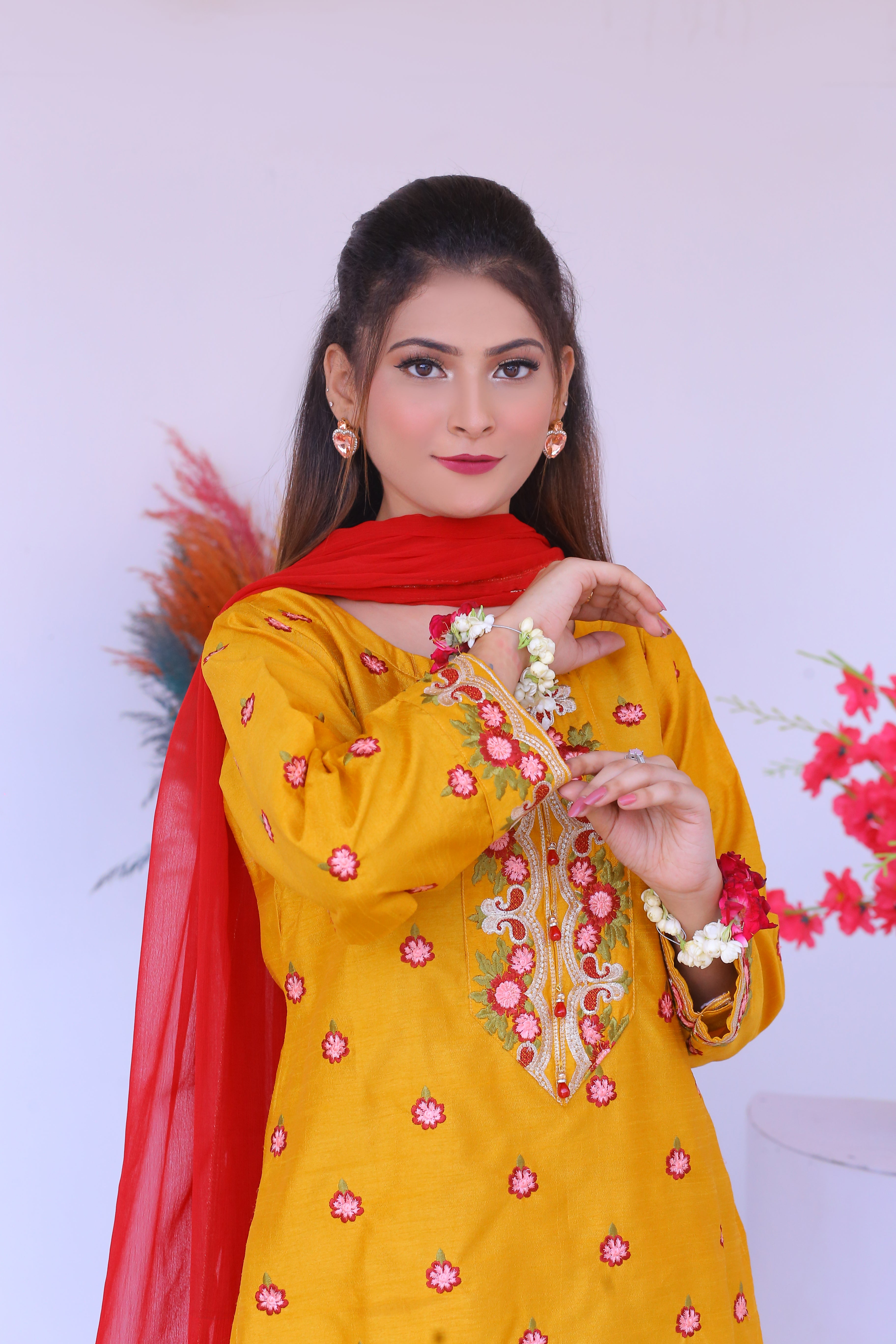 3 piece Mustered Raw Silk Embroidered Plazo Suit with Reddish Maroon Chiffon Dupatta & Golden Laces.(Stitch)