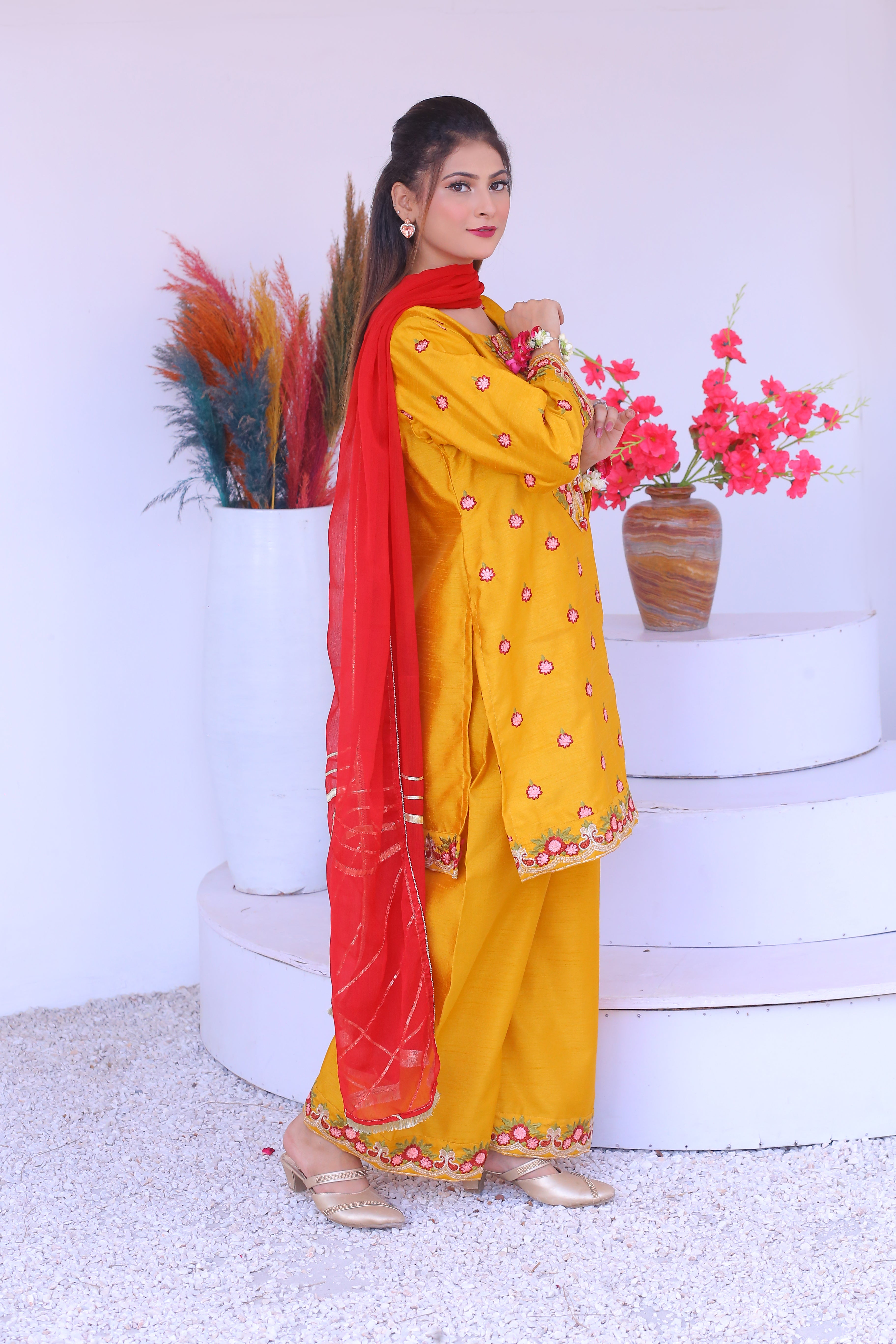 3 piece Mustered Raw Silk Embroidered Plazo Suit with Reddish Maroon Chiffon Dupatta & Golden Laces.(Stitch)