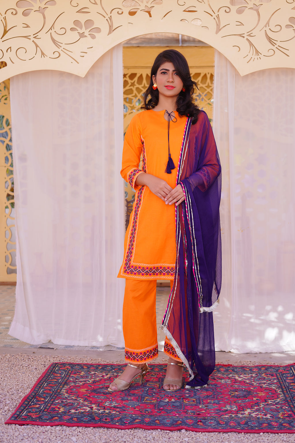 3 piece Orange Embroidered Cotton Palazzo Suit with Navy Blue Chiffon Dupatta & Laces.(Stitch).
