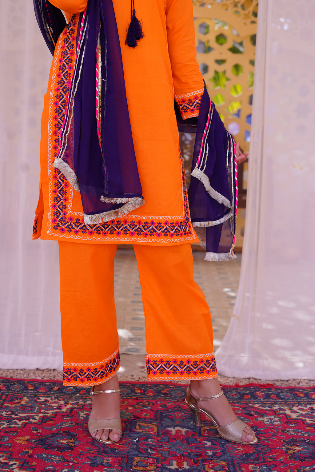 3 piece Orange Embroidered Cotton Palazzo Suit with Navy Blue Chiffon Dupatta & Laces.(Stitch).