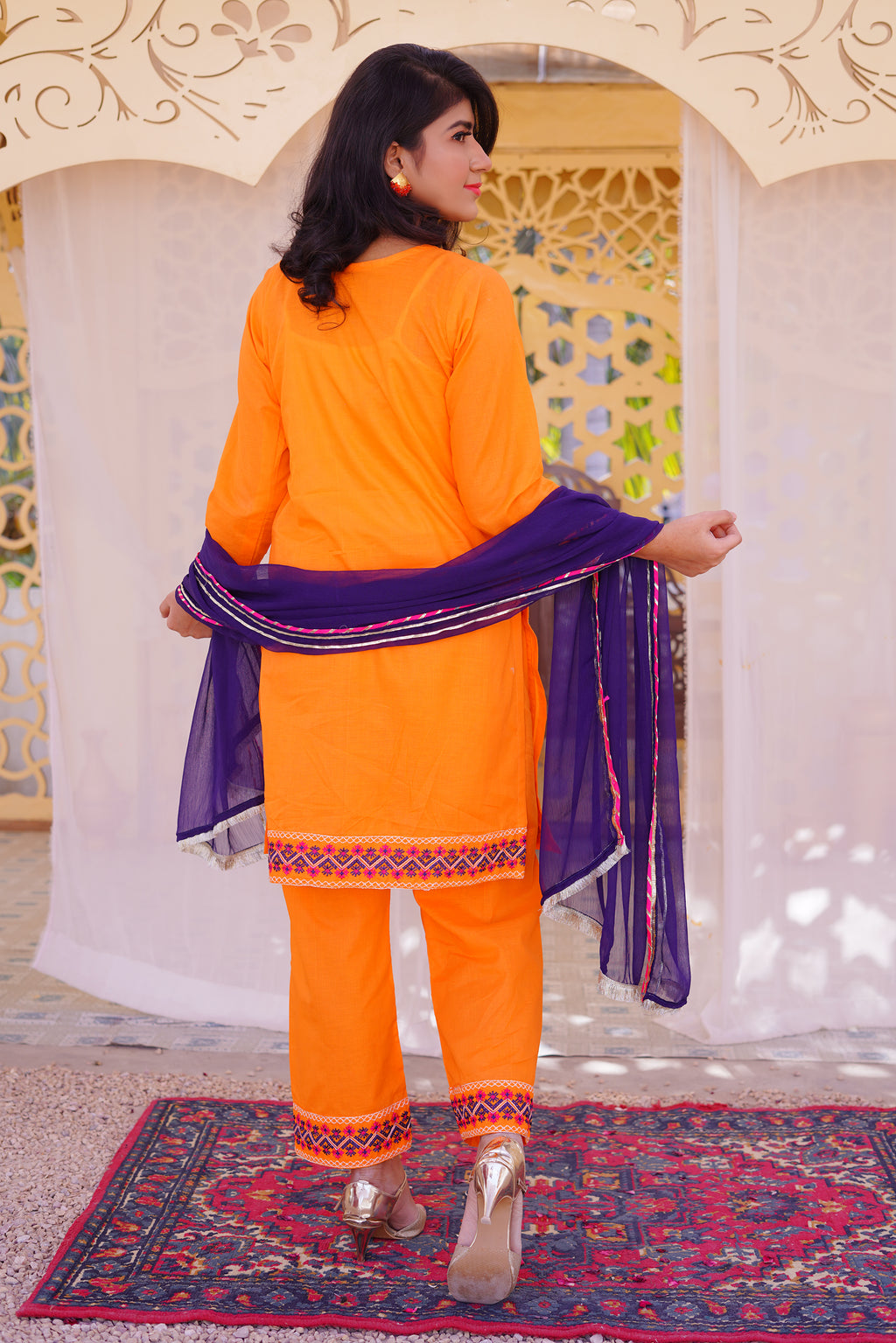 3 piece Orange Embroidered Cotton Palazzo Suit with Navy Blue Chiffon Dupatta & Laces.(Stitch).