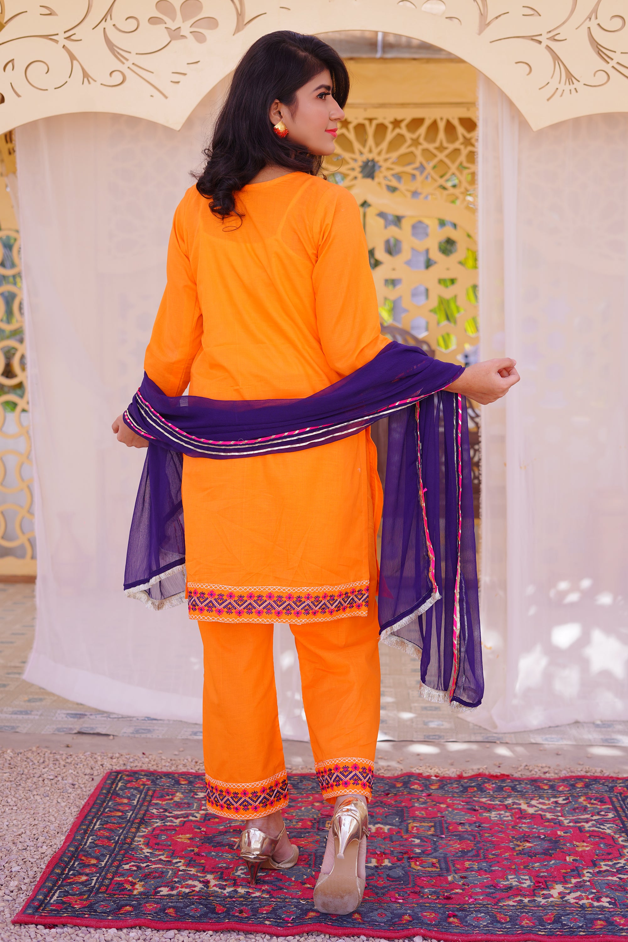3 piece Orange Embroidered Cotton Palazzo Suit with Navy Blue Chiffon Dupatta & Laces.(Stitch).