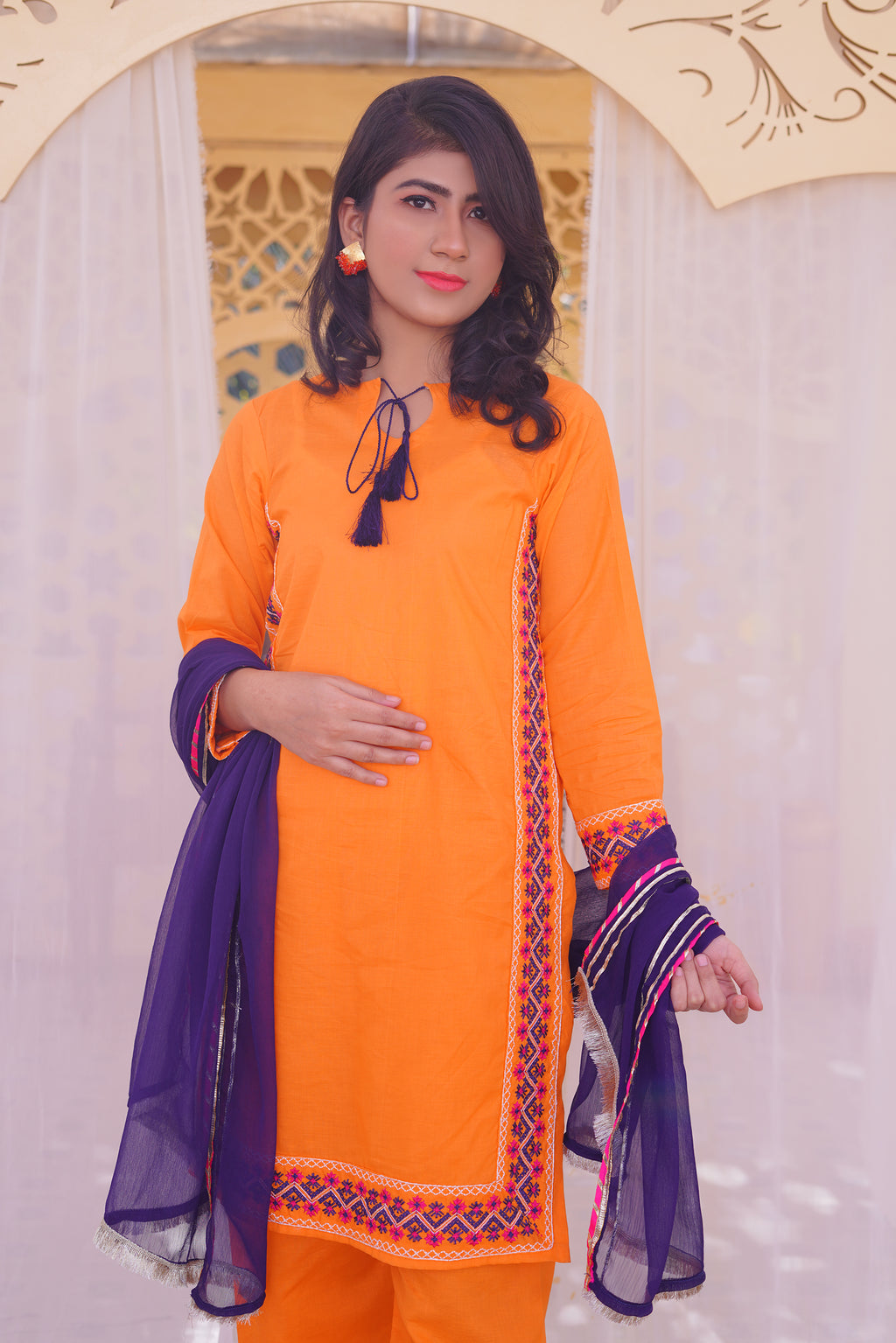 3 piece Orange Embroidered Cotton Palazzo Suit with Navy Blue Chiffon Dupatta & Laces.(Stitch).