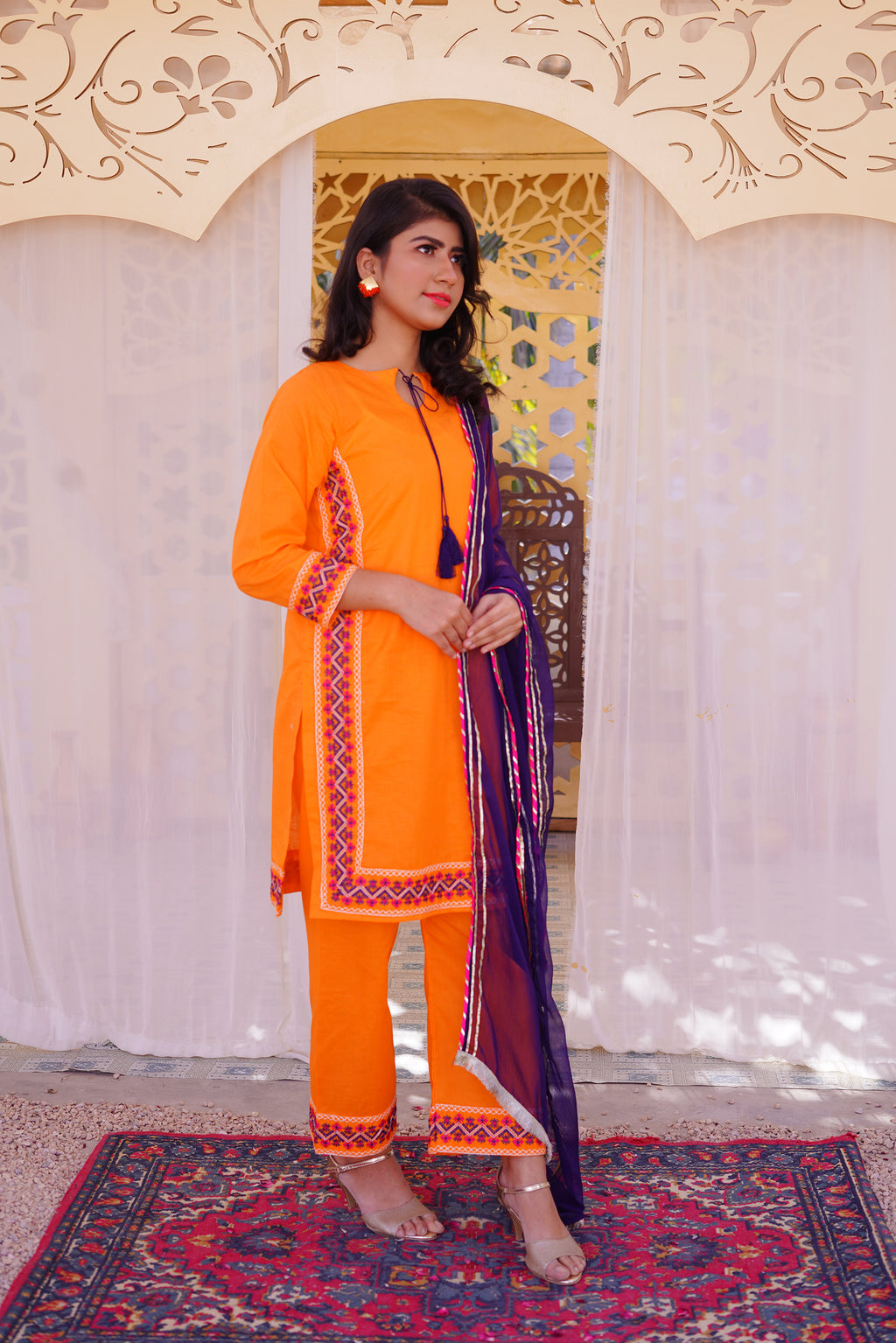 3 piece Orange Embroidered Cotton Palazzo Suit with Navy Blue Chiffon Dupatta & Laces.(Stitch).
