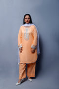 3 piece Peach Cotton Plazo Shalwar Kameez Suit with White/Silver Laces & White/Silver net chan Dupatta.(Stitch)