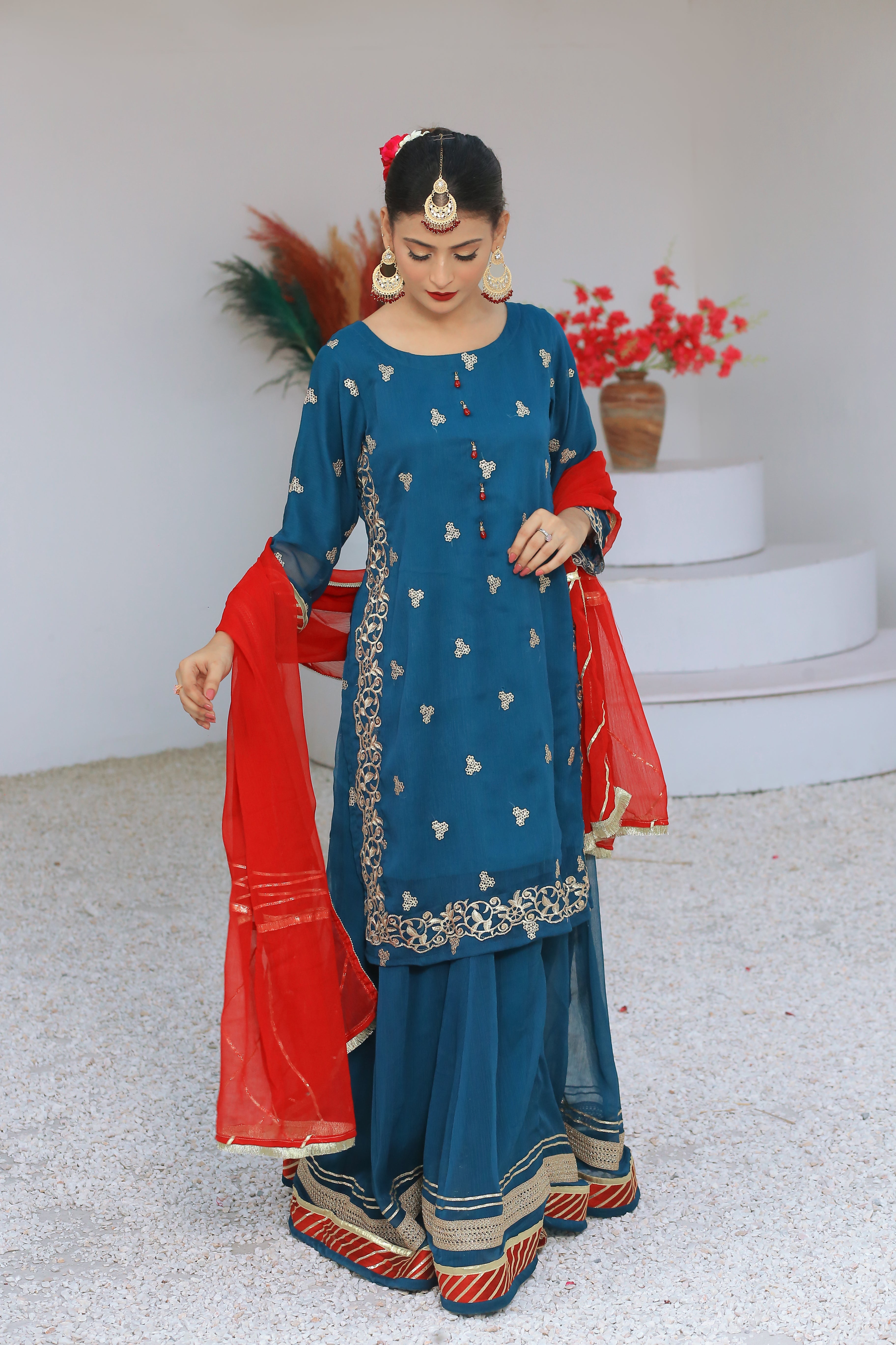 3 piece Peacock Embroidered Chiffon Long Shirt Lehenga Suit With Reddish Maroon Chiffon Dupatta & Golden Laces.(Stitch)