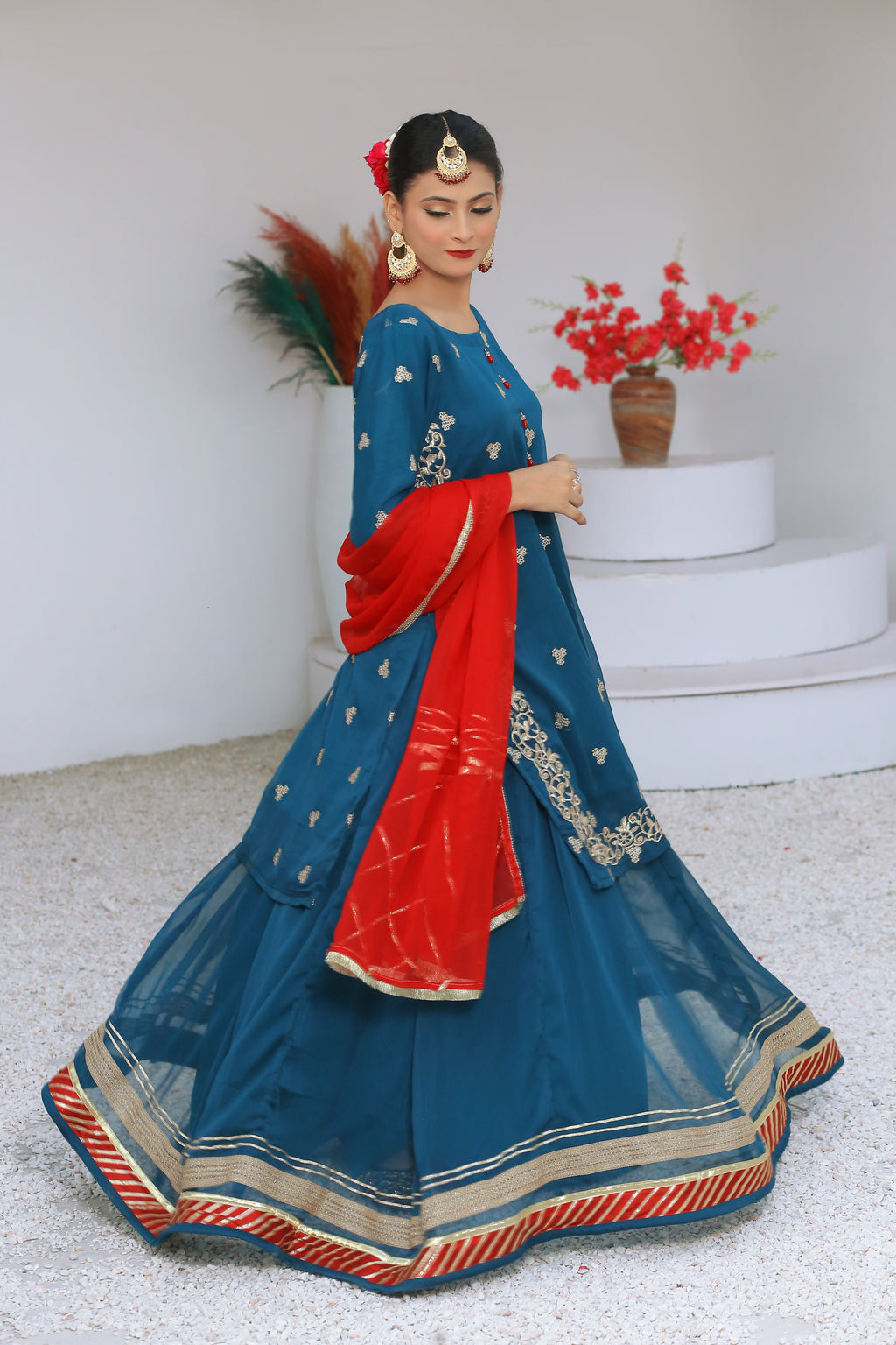 3 piece Peacock Embroidered Chiffon Long Shirt Lehenga Suit With Reddish Maroon Chiffon Dupatta & Golden Laces.(Stitch)