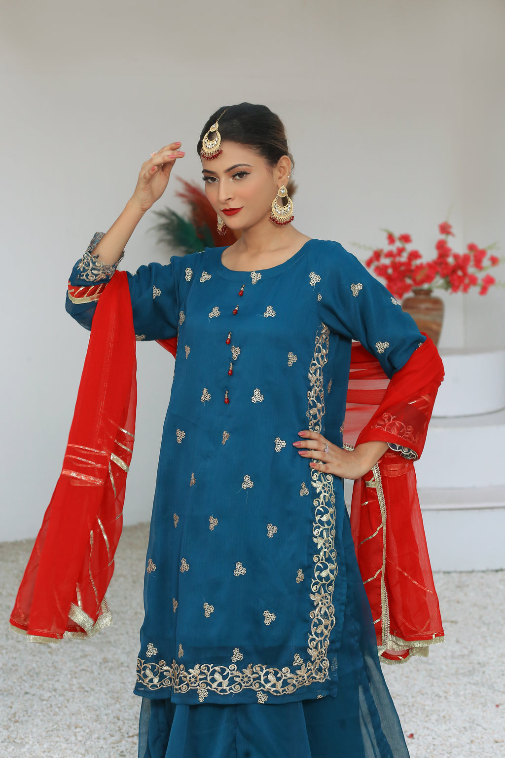 3 piece Peacock Embroidered Chiffon Long Shirt Lehenga Suit With Reddish Maroon Chiffon Dupatta & Golden Laces.(Stitch)