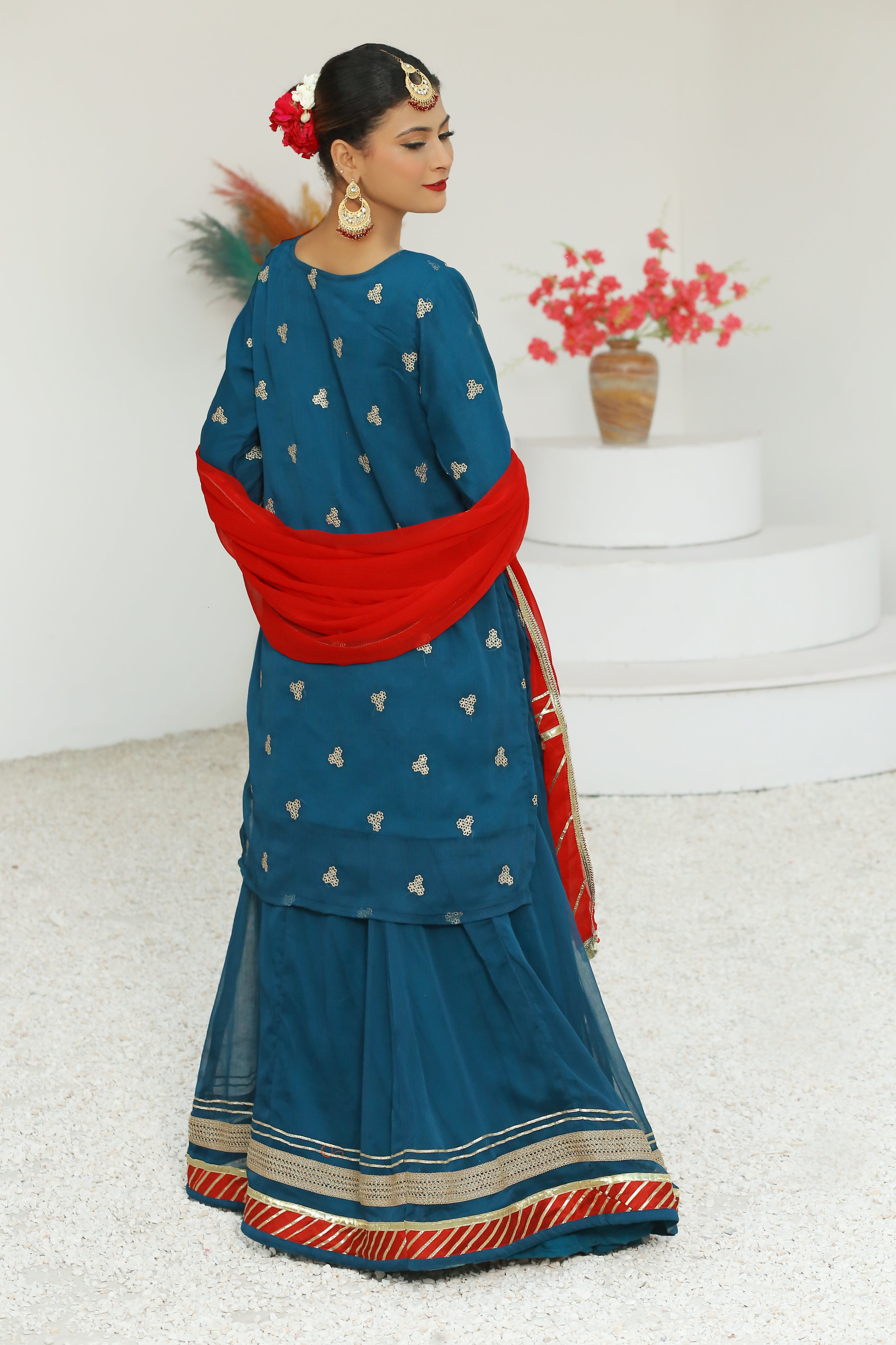 3 piece Peacock Embroidered Chiffon Long Shirt Lehenga Suit With Reddish Maroon Chiffon Dupatta & Golden Laces.(Stitch)