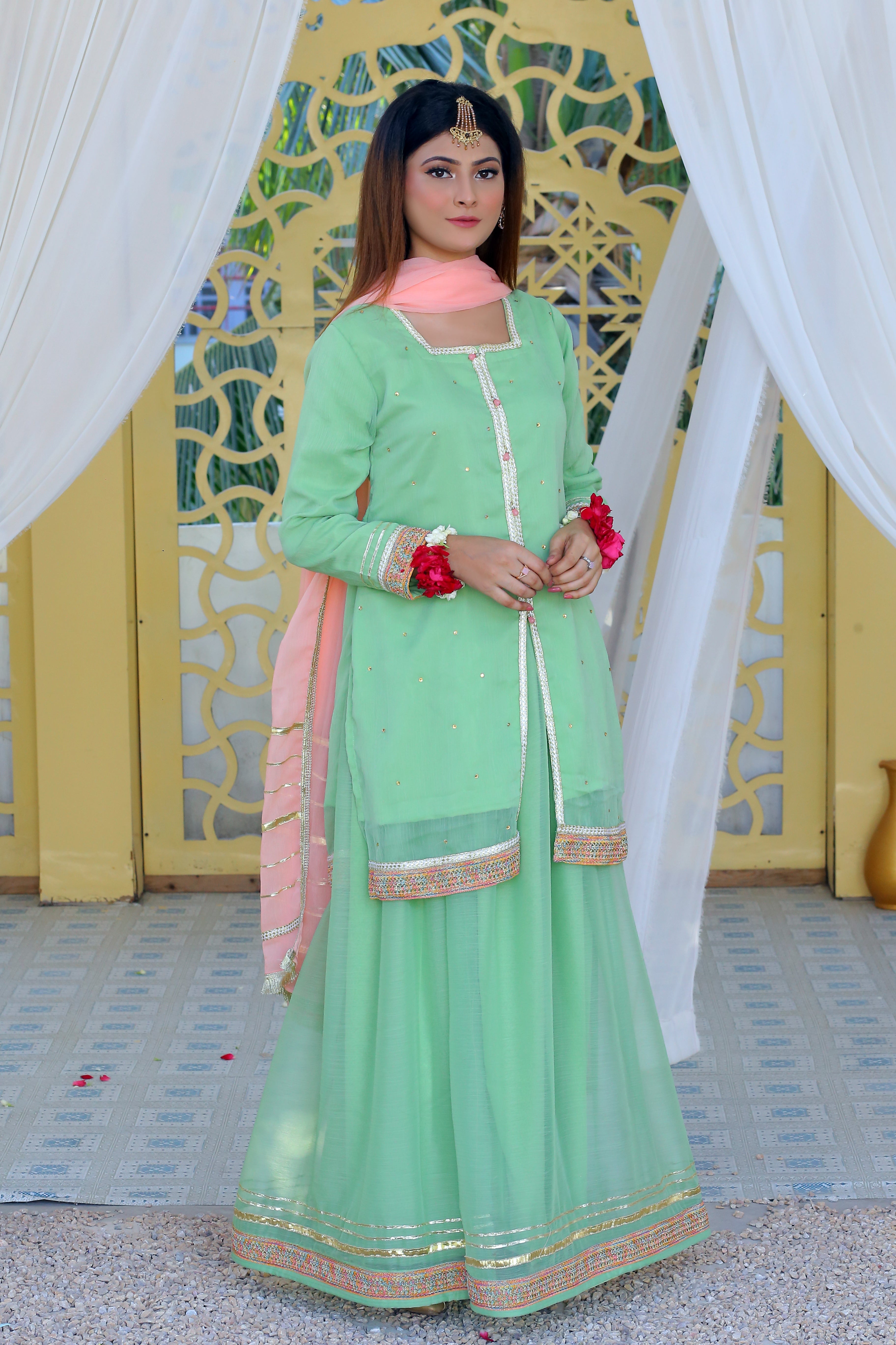 3 piece Pistachio Green Chiffon Lehenga Suit with Baby Pink Chiffon Dupatta & Multicolor & Golden Laces .(Stitch)