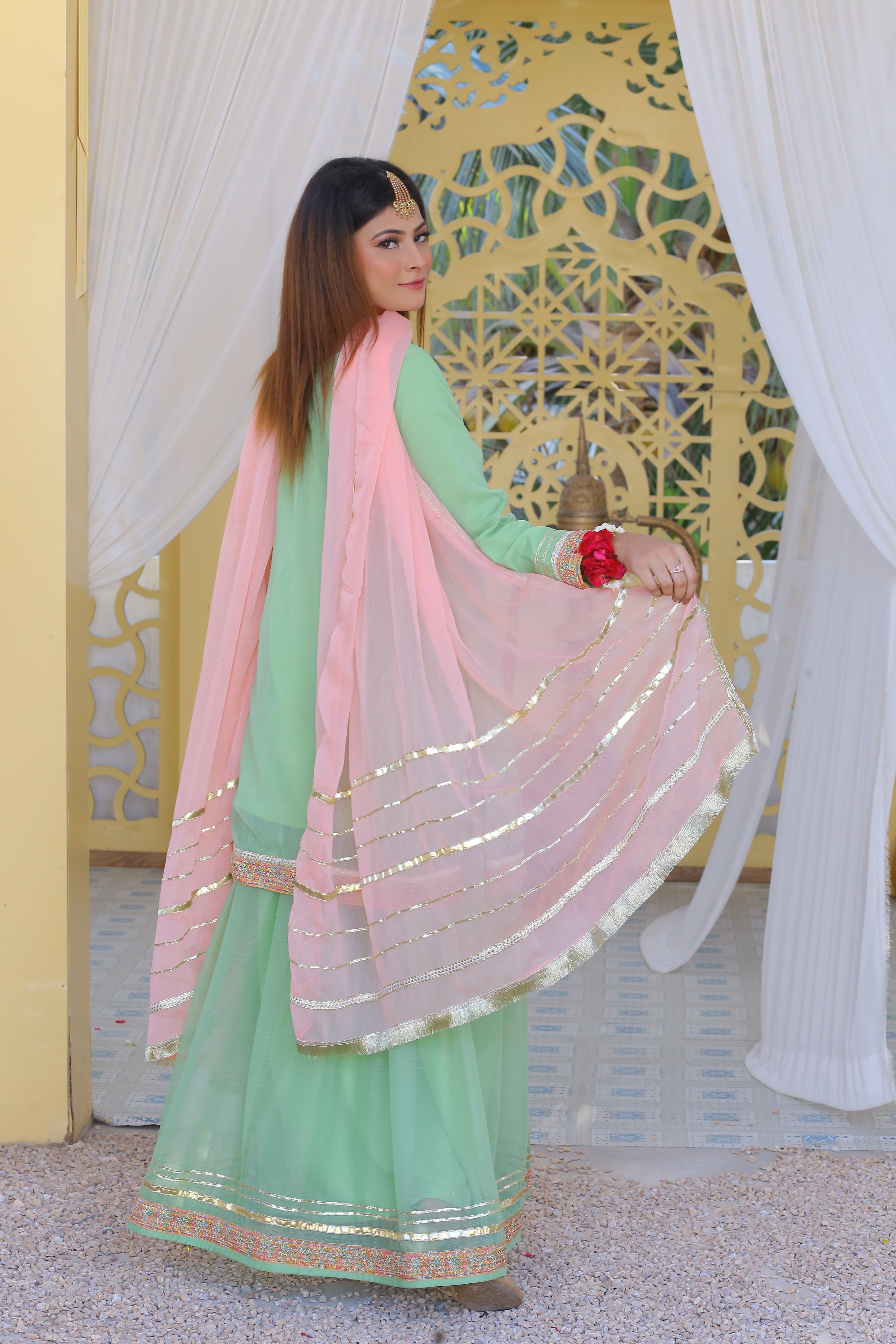 3 piece Pistachio Green Chiffon Lehenga Suit with Baby Pink Chiffon Dupatta & Multicolor & Golden Laces .(Stitch)