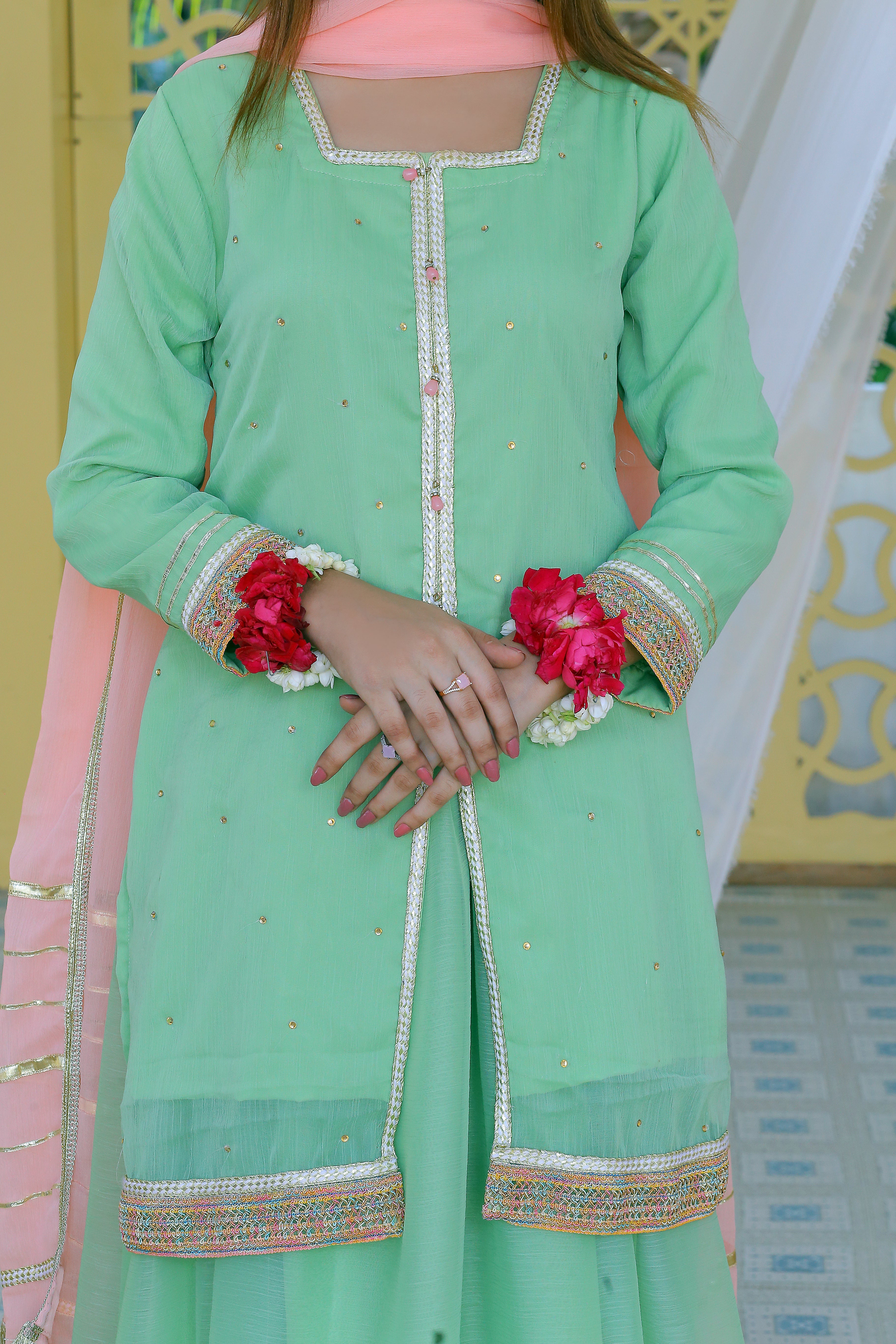 3 piece Pistachio Green Chiffon Lehenga Suit with Baby Pink Chiffon Dupatta & Multicolor & Golden Laces .(Stitch)