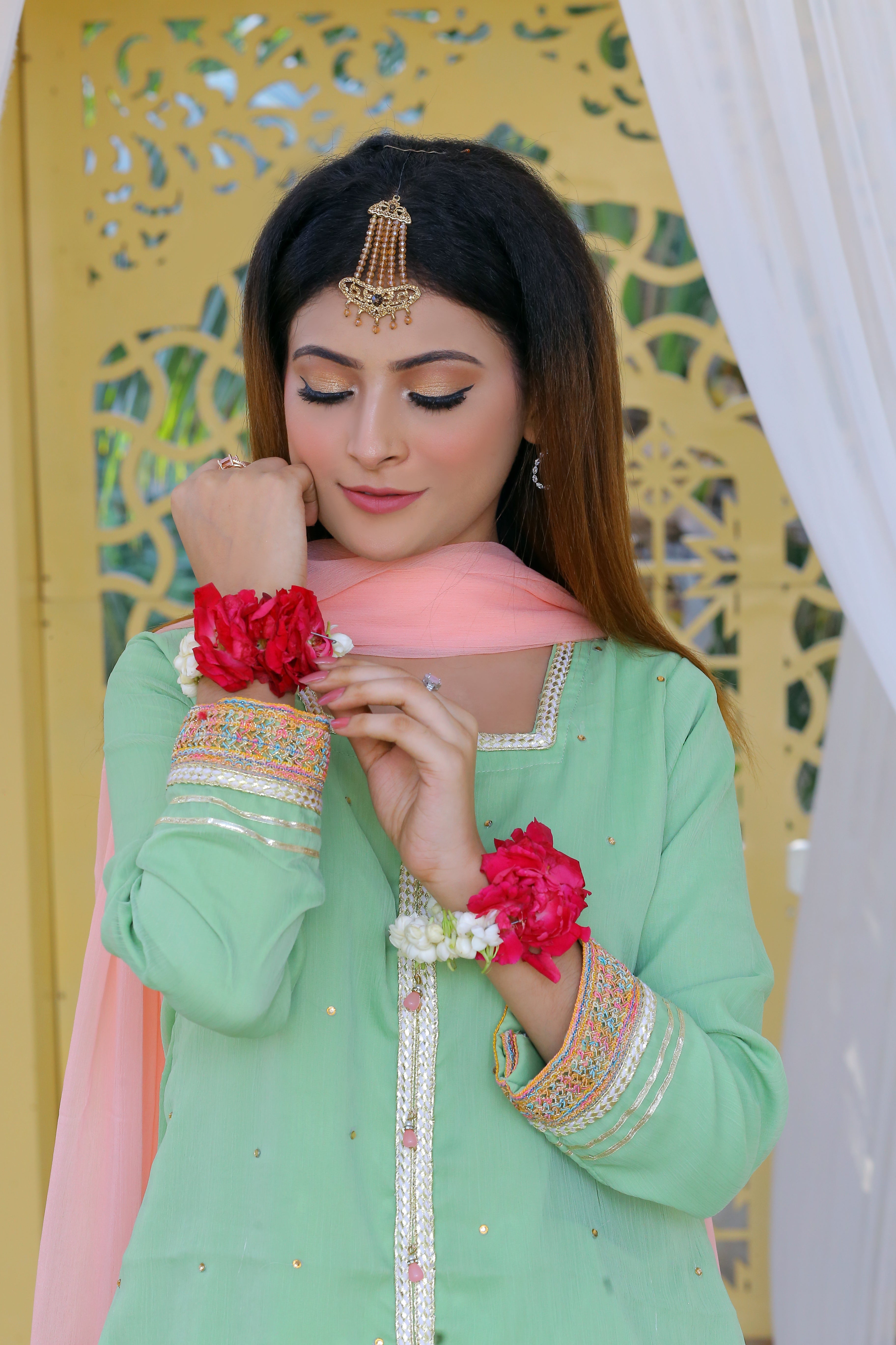 3 piece Pistachio Green Chiffon Lehenga Suit with Baby Pink Chiffon Dupatta & Multicolor & Golden Laces .(Stitch)