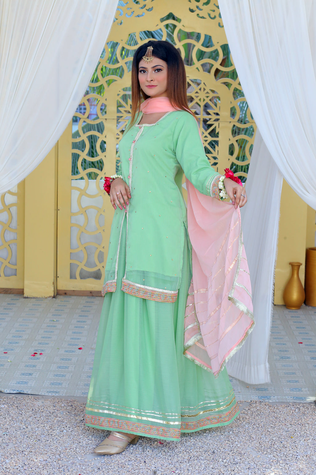 3 piece Pistachio Green Chiffon Lehenga Suit with Baby Pink Chiffon Dupatta & Multicolor & Golden Laces .(Stitch)