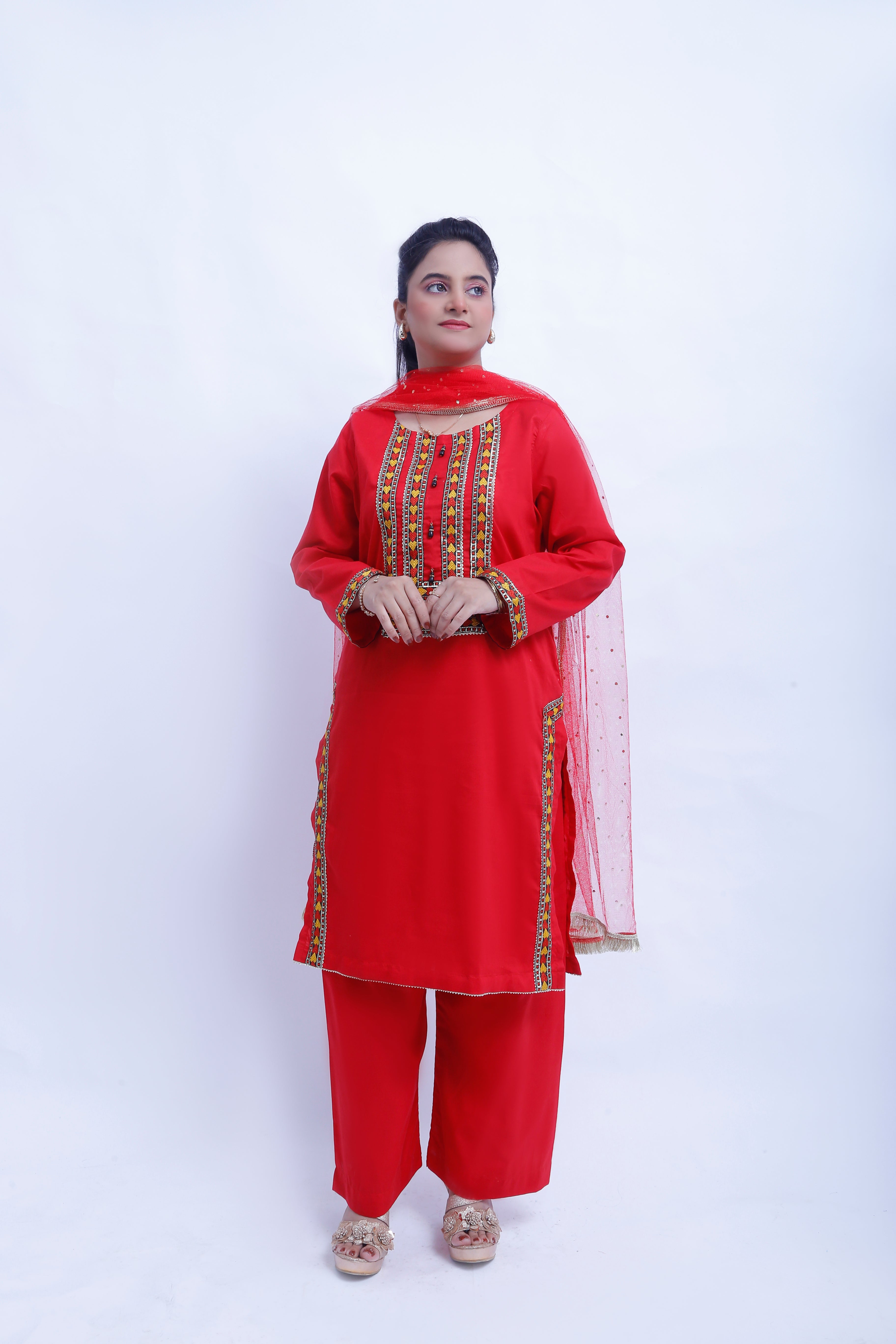 3 piece Stunning Red Cotton Plazo Suit with Beautiful Multicolor & Golden Laces & Red chan net Dupatta. (Stitch)
