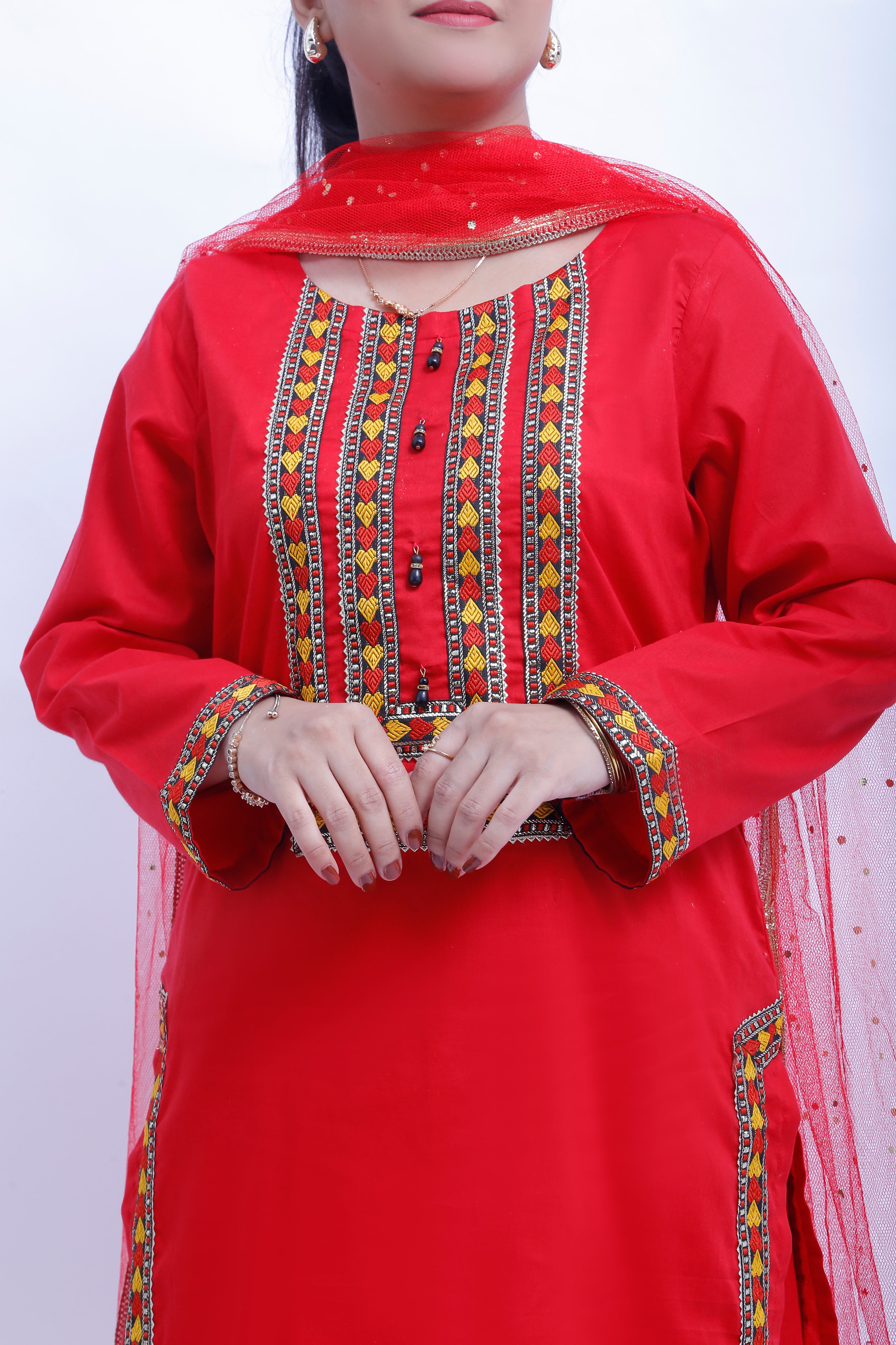 3 piece Stunning Red Cotton Plazo Suit with Beautiful Multicolor & Golden Laces & Red chan net Dupatta. (Stitch)