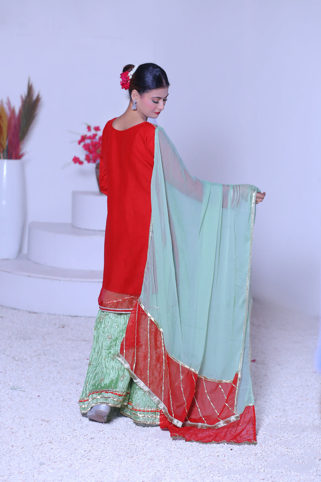 3 piece Beautiful Reddish Maroon Chiffon Embroidery Gharara Suit with Pistachio Green Embroidery Crush Gharara & Pistachio Green Chiffon Dupatta & Golden Laces.(Stitch).