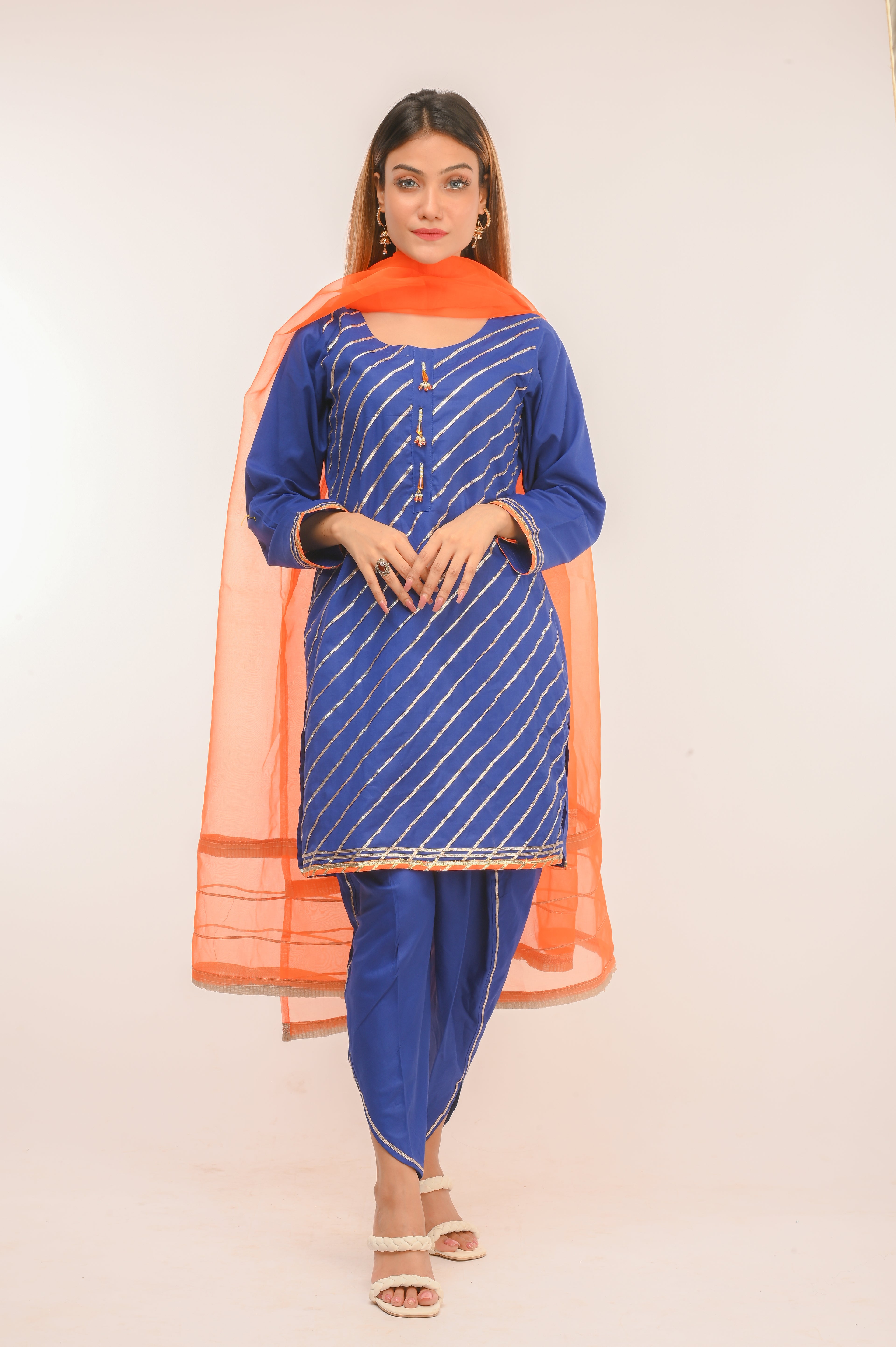 3 piece Royal Blue Cotton Tulip Suit with Orange net Dupatta & Laces.(Stitch).