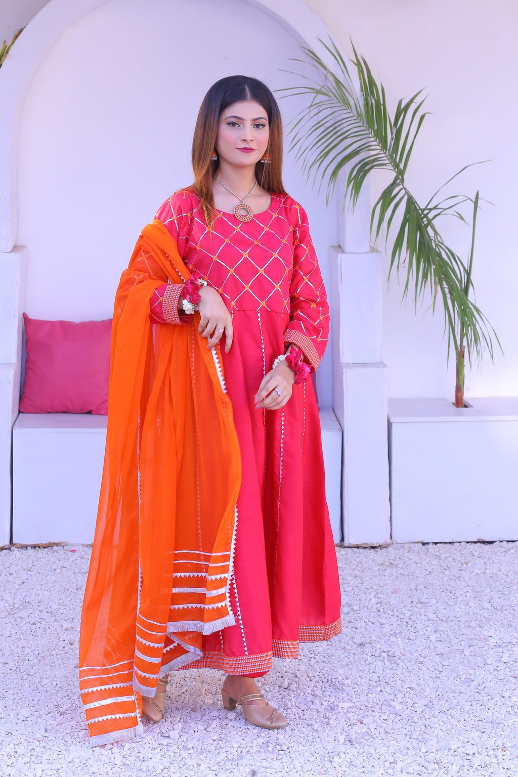 3 piece Shocking Pink Silver Embroidery Raw Silk Frock Suit with Dull Silk Trouser & Orange Chiffon Dupatta & Silver Laces.(Stitch)