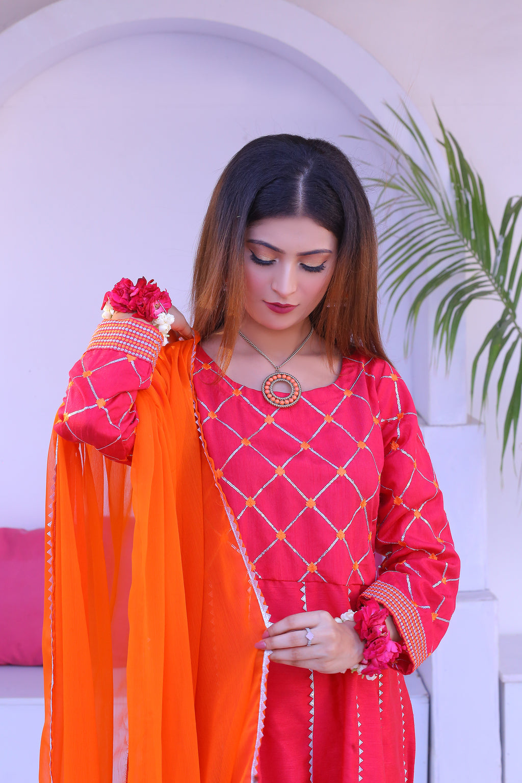 3 piece Shocking Pink Silver Embroidery Raw Silk Frock Suit with Dull Silk Trouser & Orange Chiffon Dupatta & Silver Laces.(Stitch)