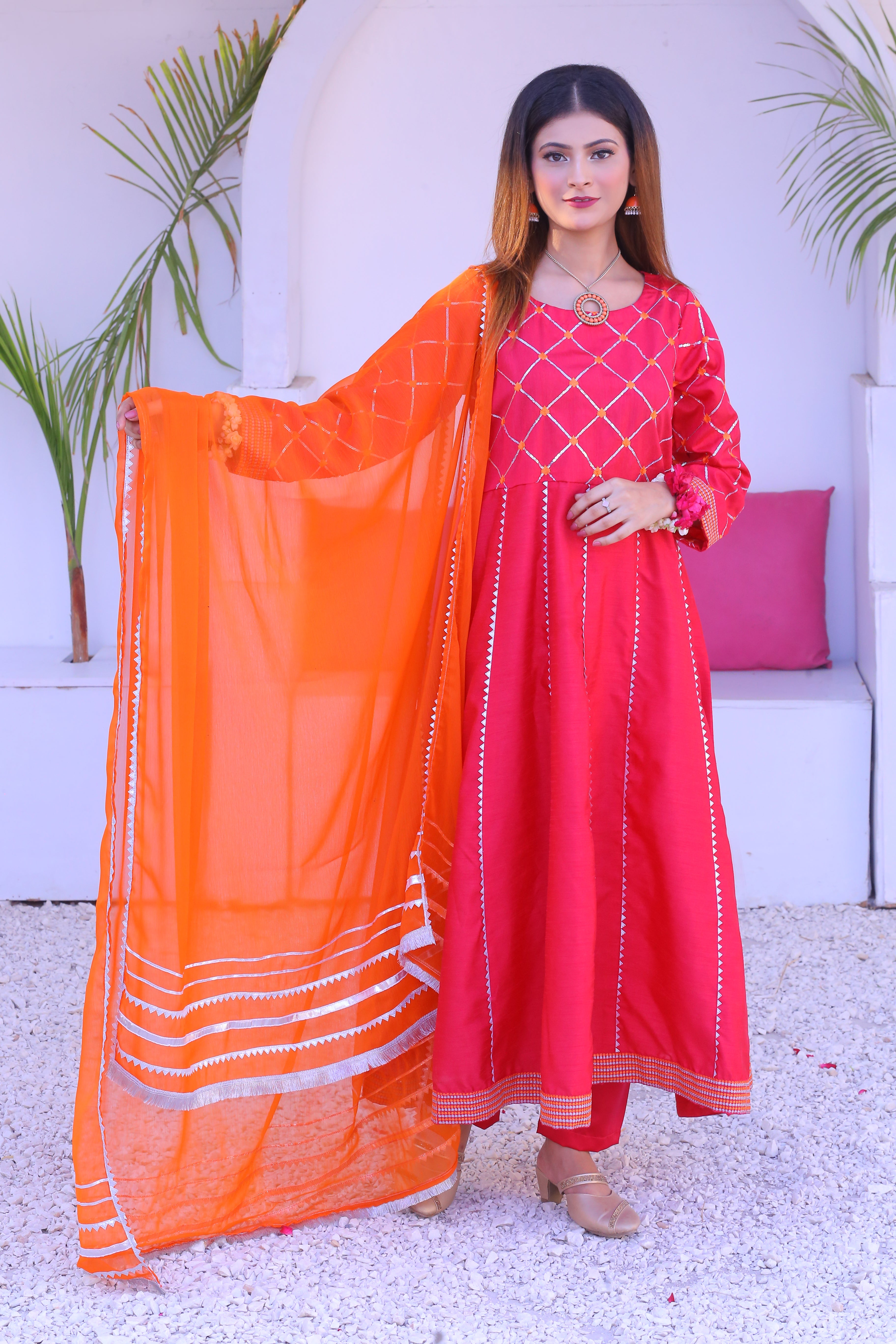 3 piece Shocking Pink Silver Embroidery Raw Silk Frock Suit with Dull Silk Trouser & Orange Chiffon Dupatta & Silver Laces.(Stitch)