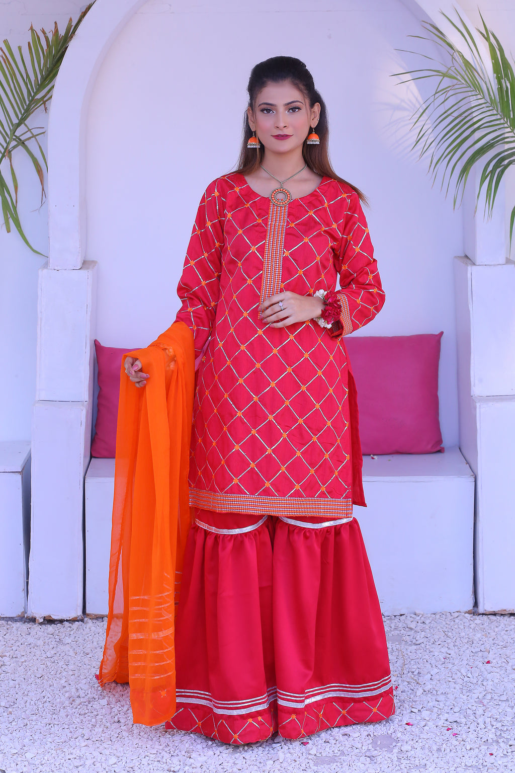 3 piece Stunning Shocking Pink Silver Embroidery Raw Silk Gharara Suit with Orange Chiffon Dupatta & Silver Laces.(Stitch)