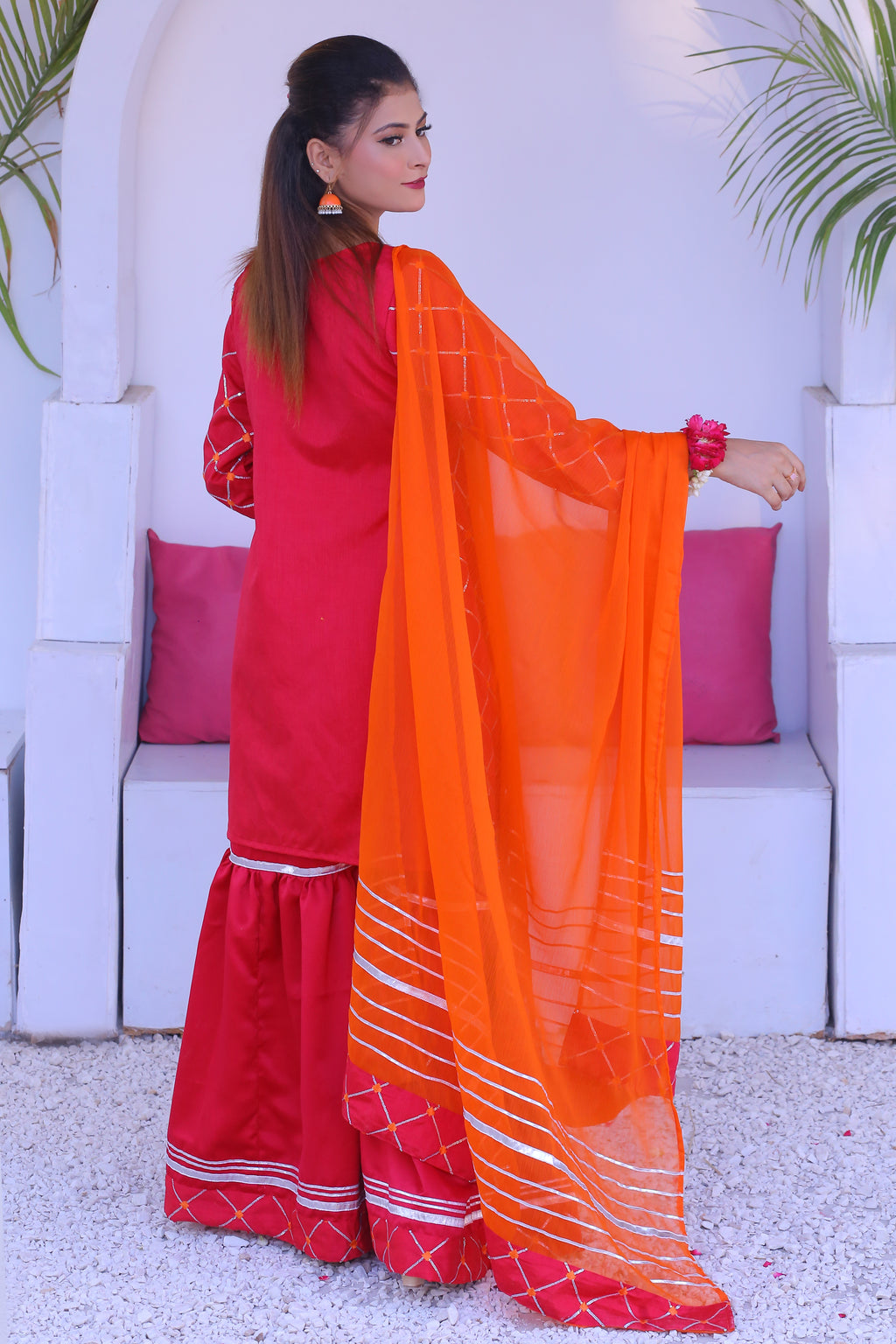 3 piece Stunning Shocking Pink Silver Embroidery Raw Silk Gharara Suit with Orange Chiffon Dupatta & Silver Laces.(Stitch)